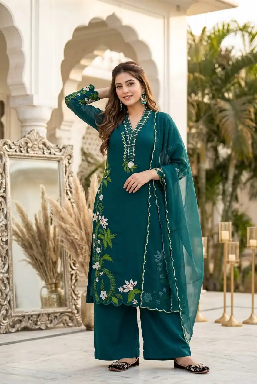 Aglow Teal Roman Silk Embroidery Work Salwar Suit - Image 2
