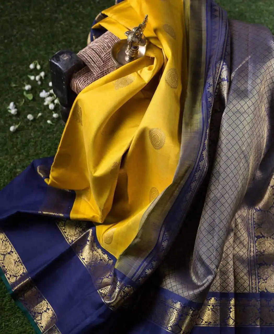 Aglow Yellow Soft Lichi Silk Lace Work Saree - Image 4