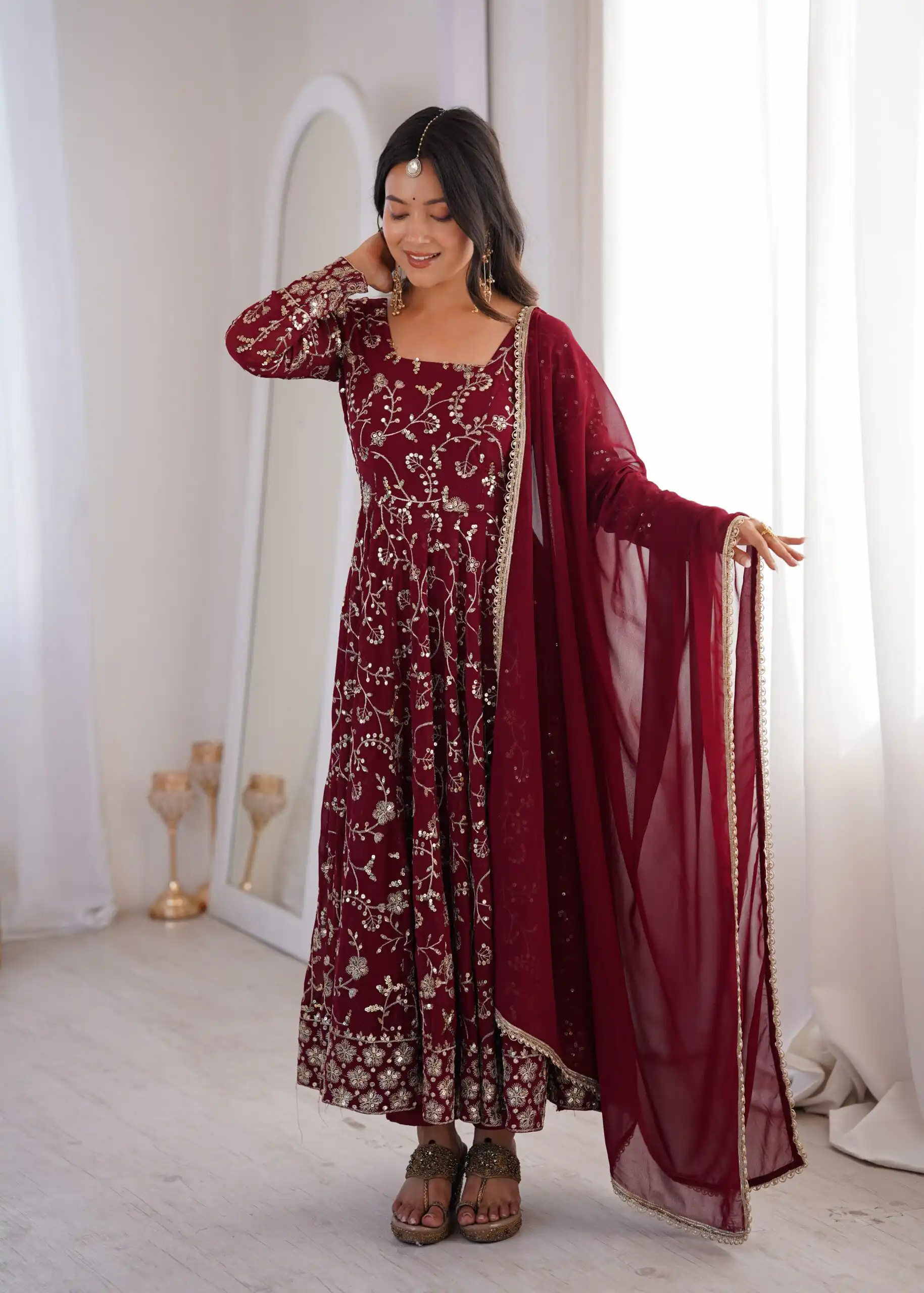 Beautiful Maroon Fox Georgette Embroidery Work Gown