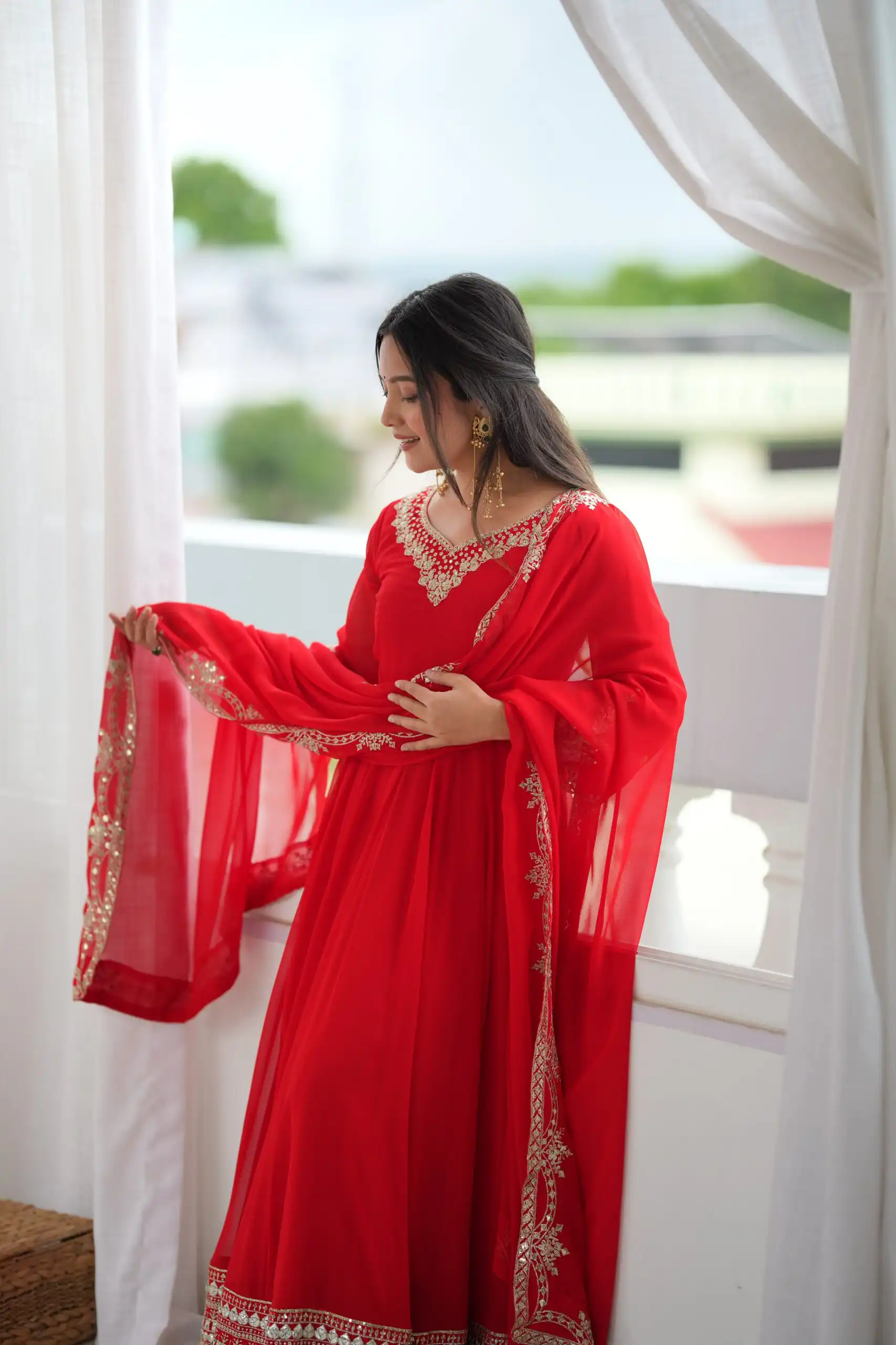 Beautiful Red Fox Georgette Sequence Work Gown - Image 11