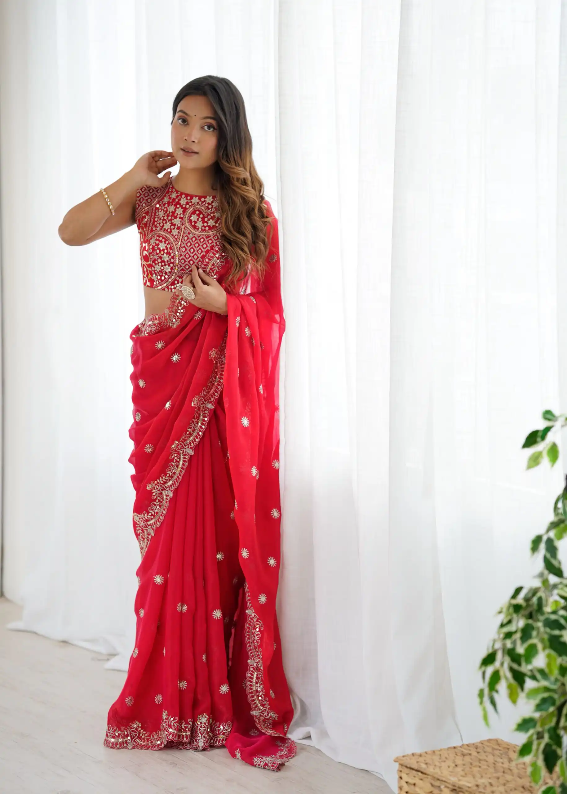 Bright Red Fendy Chiffon Embroidery Sequins Work Saree