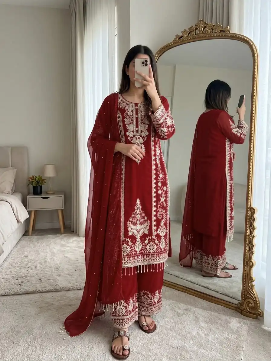 Classic Maroon Faux Georgette Embroider Work Salwar Suit - Image 3