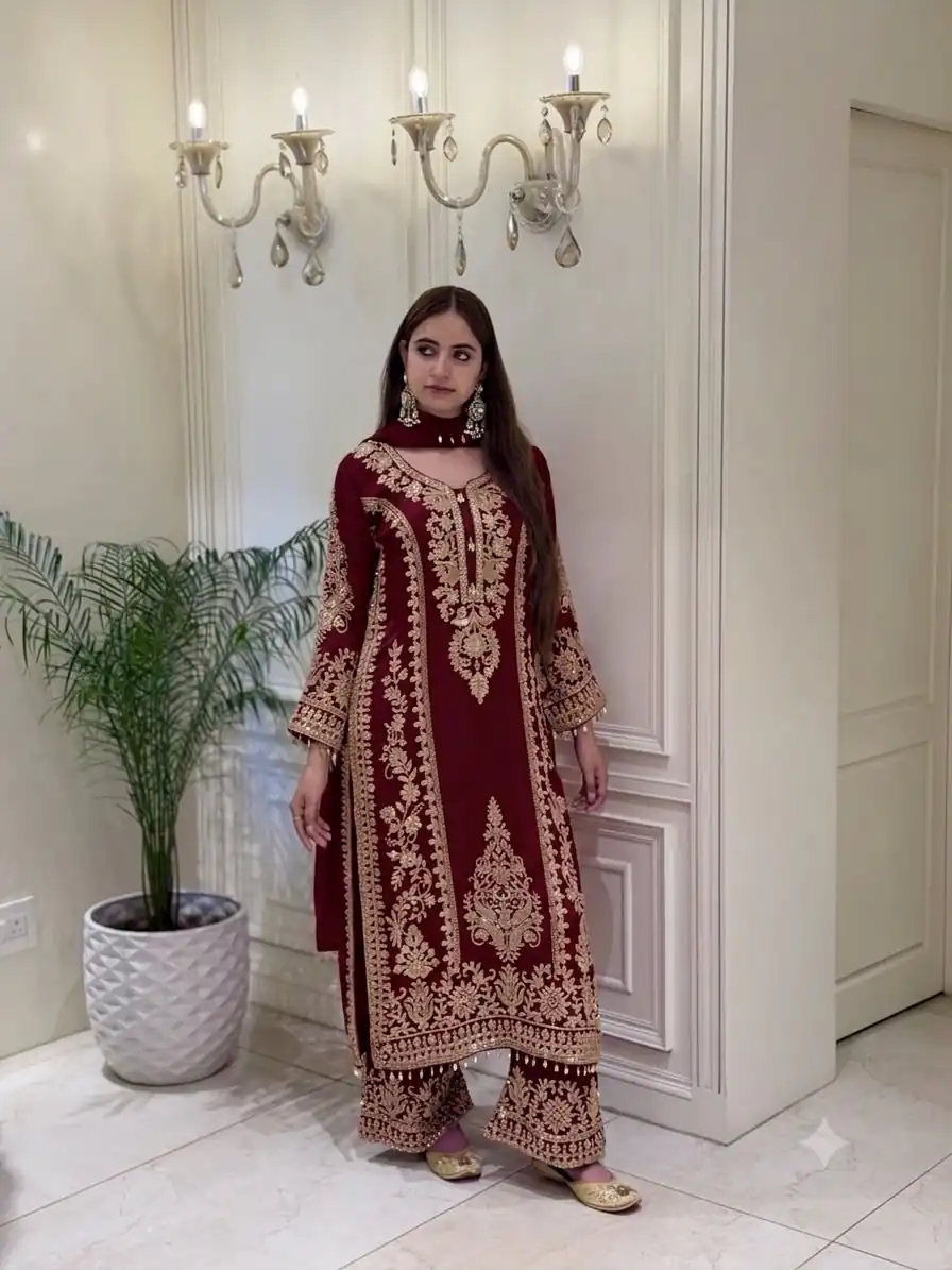 Classic Maroon Faux Georgette Embroider Work Salwar Suit - Image 4