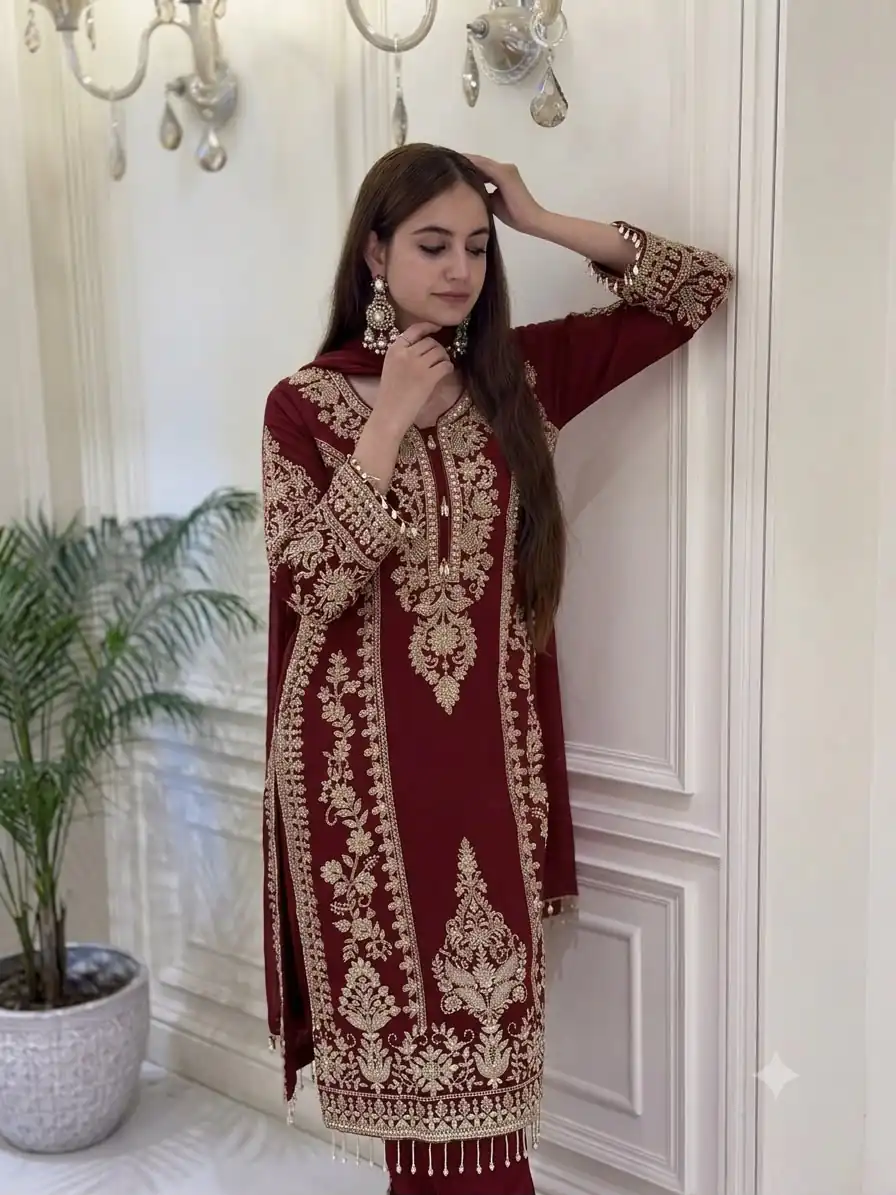 Classic Maroon Faux Georgette Embroider Work Salwar Suit - Image 2
