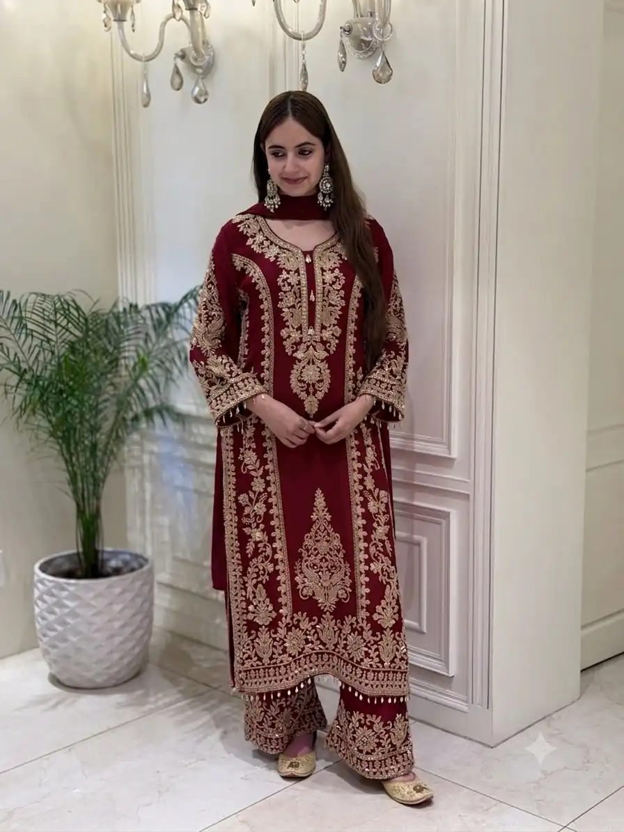 Classic Maroon Faux Georgette Embroider Work Salwar Suit