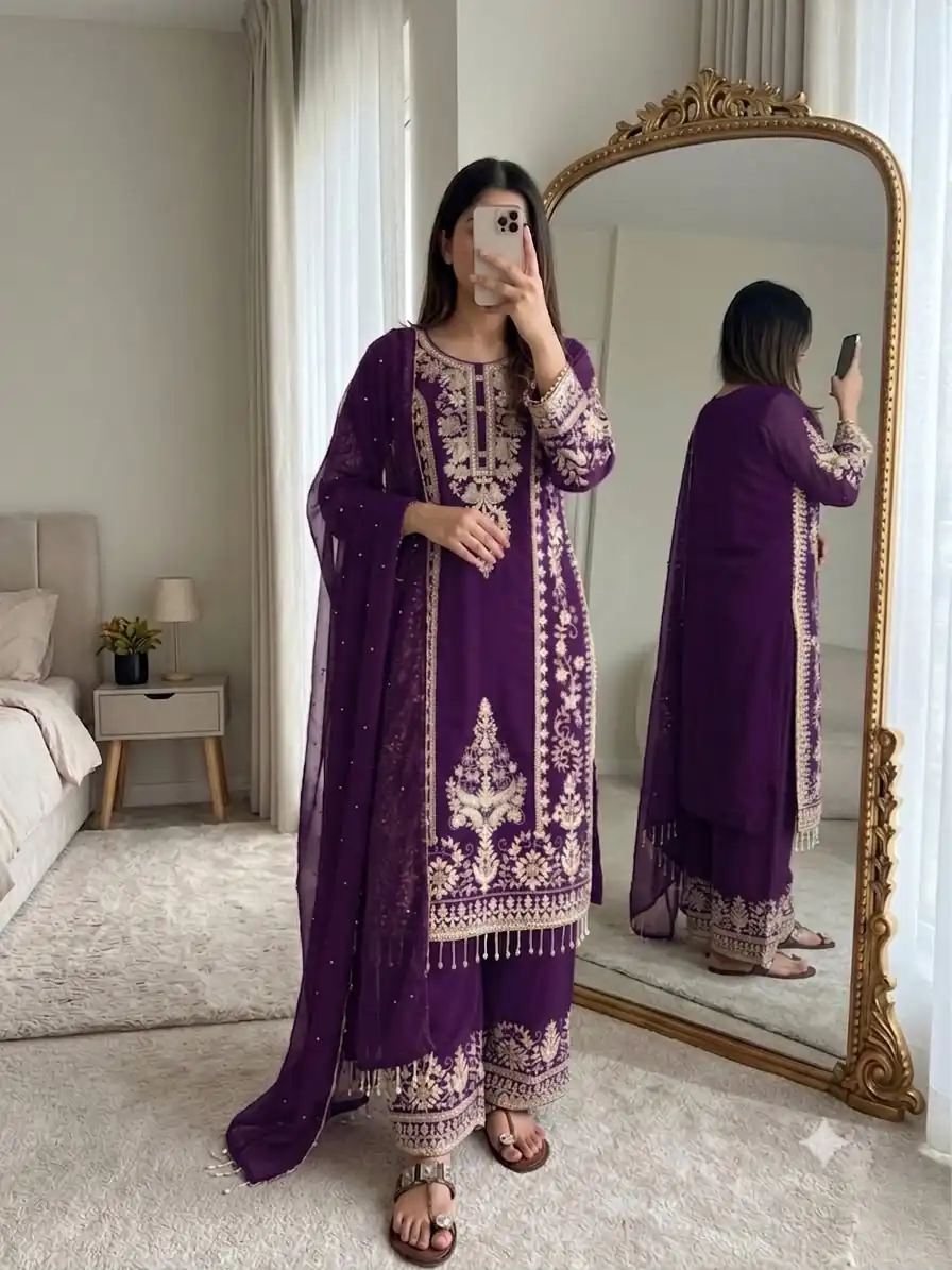 Classic Purple Faux Georgette Embroider Work Salwar Suit - Image 5