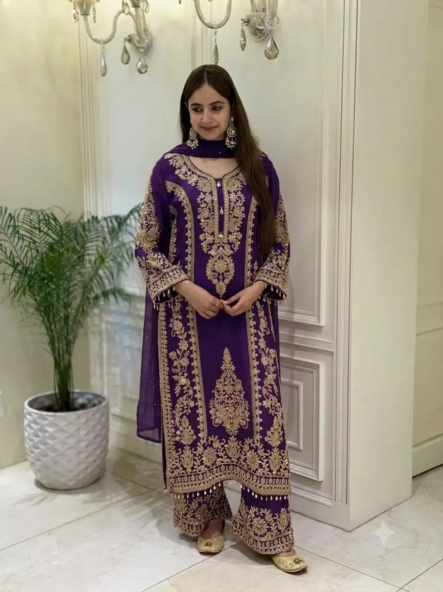 Classic Purple Faux Georgette Embroider Work Salwar Suit - Image 4