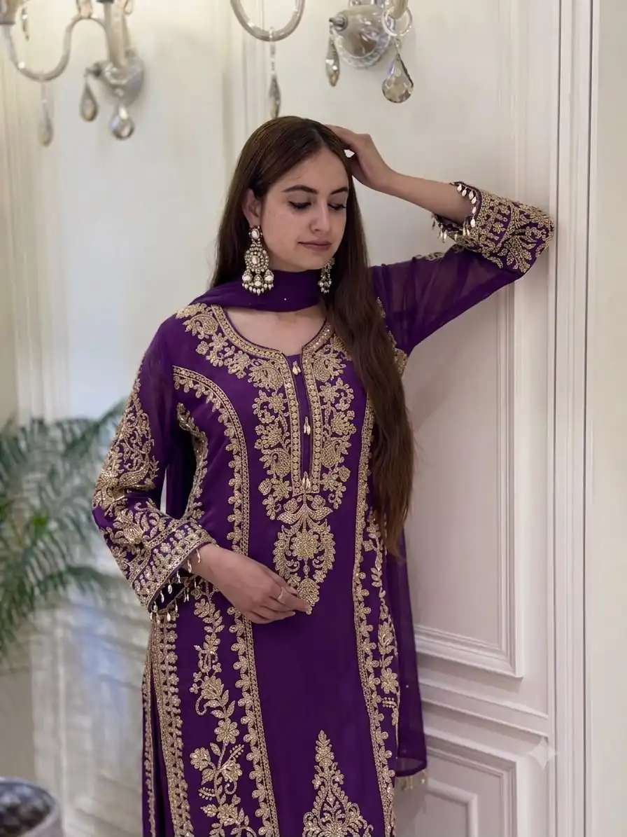 Classic Purple Faux Georgette Embroider Work Salwar Suit - Image 3