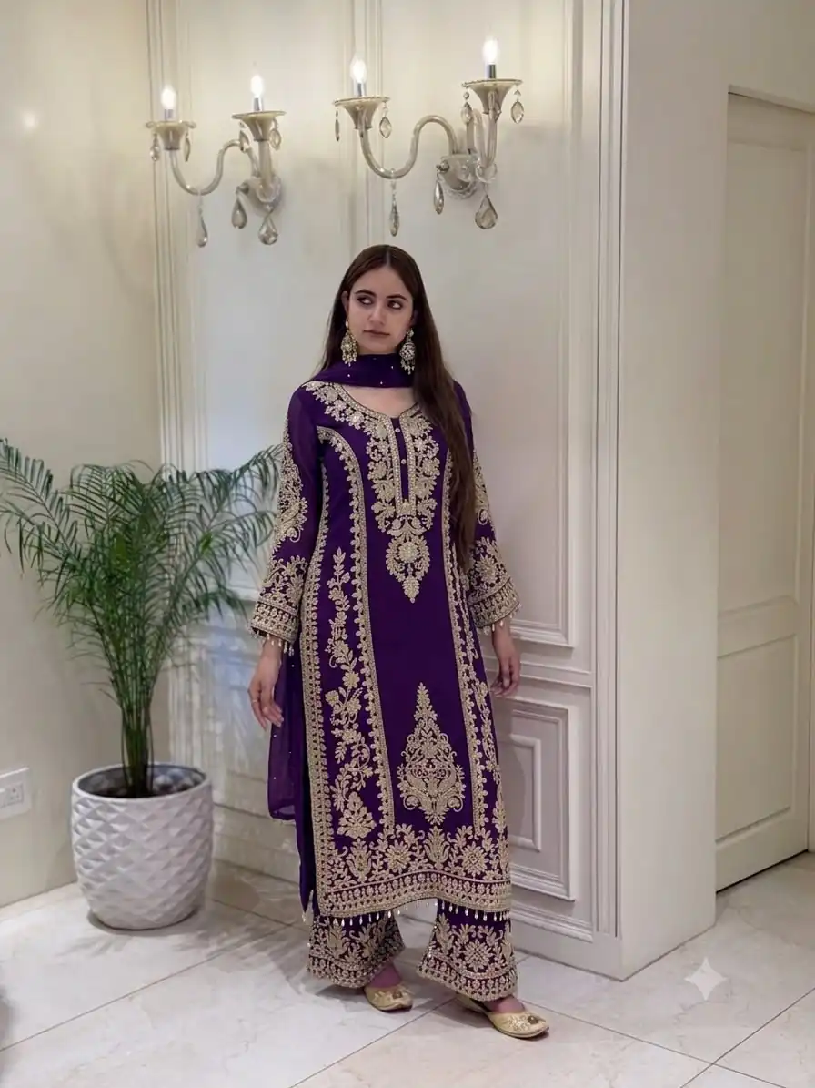 Classic Purple Faux Georgette Embroider Work Salwar Suit - Image 2