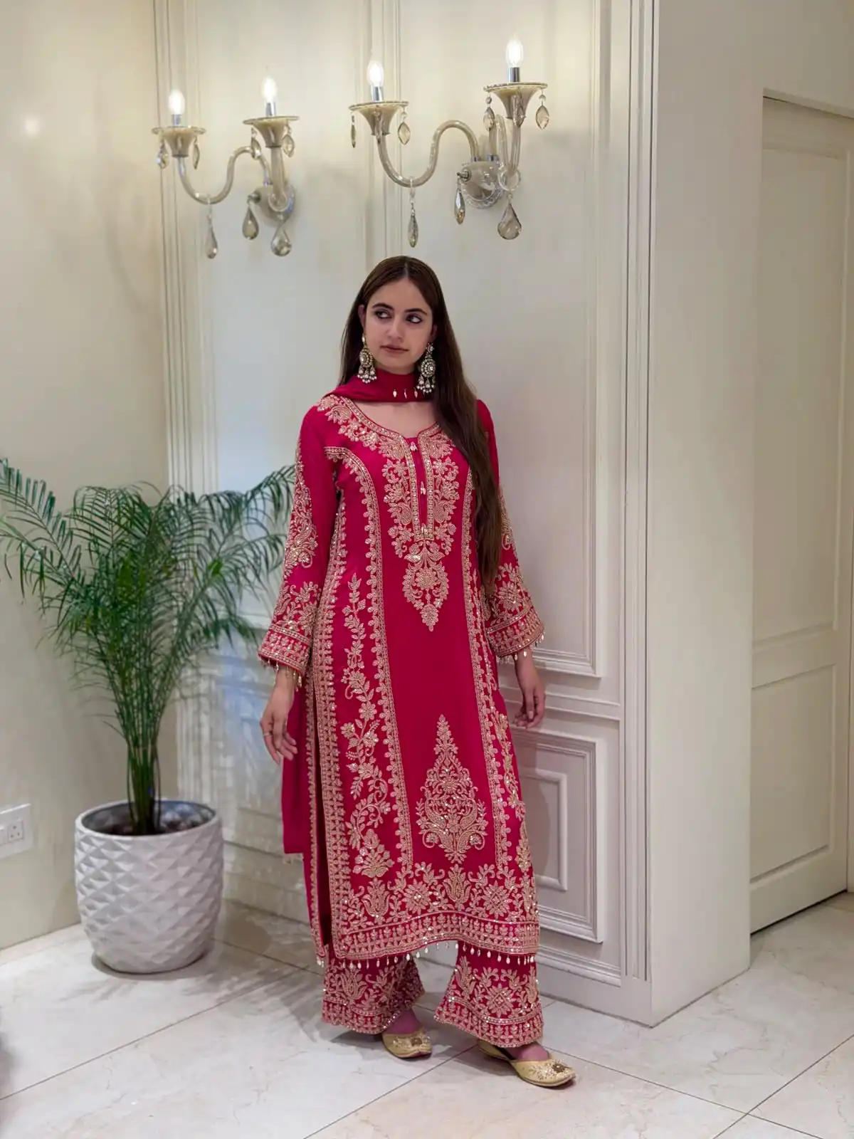 Classic Red Faux Georgette Embroider Work Salwar Suit