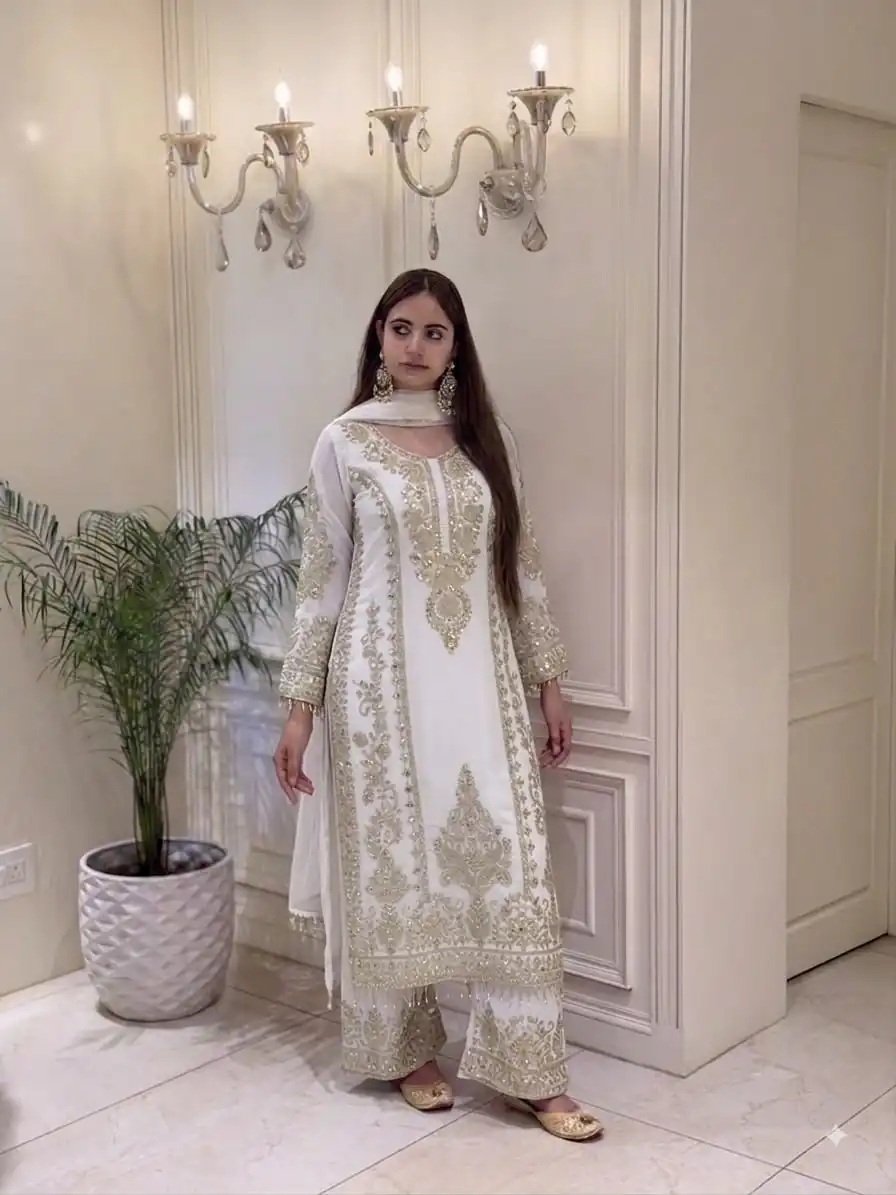 Classic White Faux Georgette Embroider Work Salwar Suit