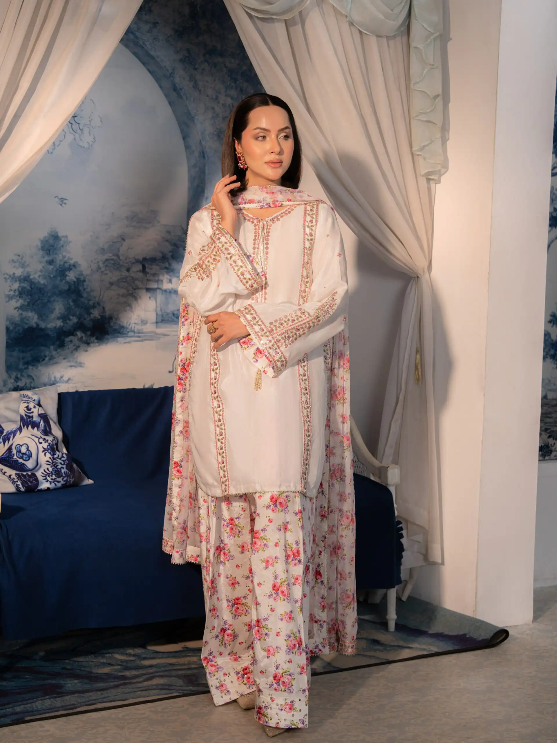 Classic White Natural Crap Sequence Work Salwar Suit