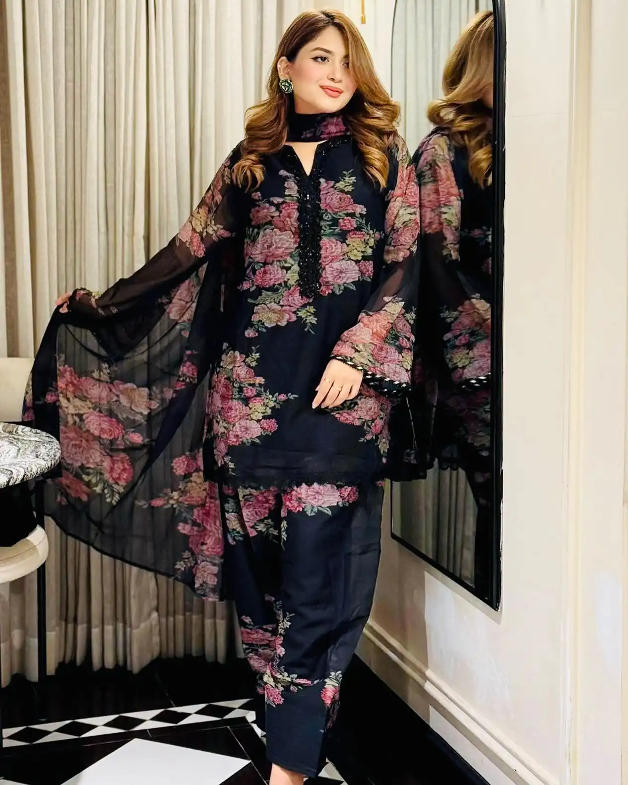 Fancy Black Faux Georgette Digital Print Salwar Suit - Image 4
