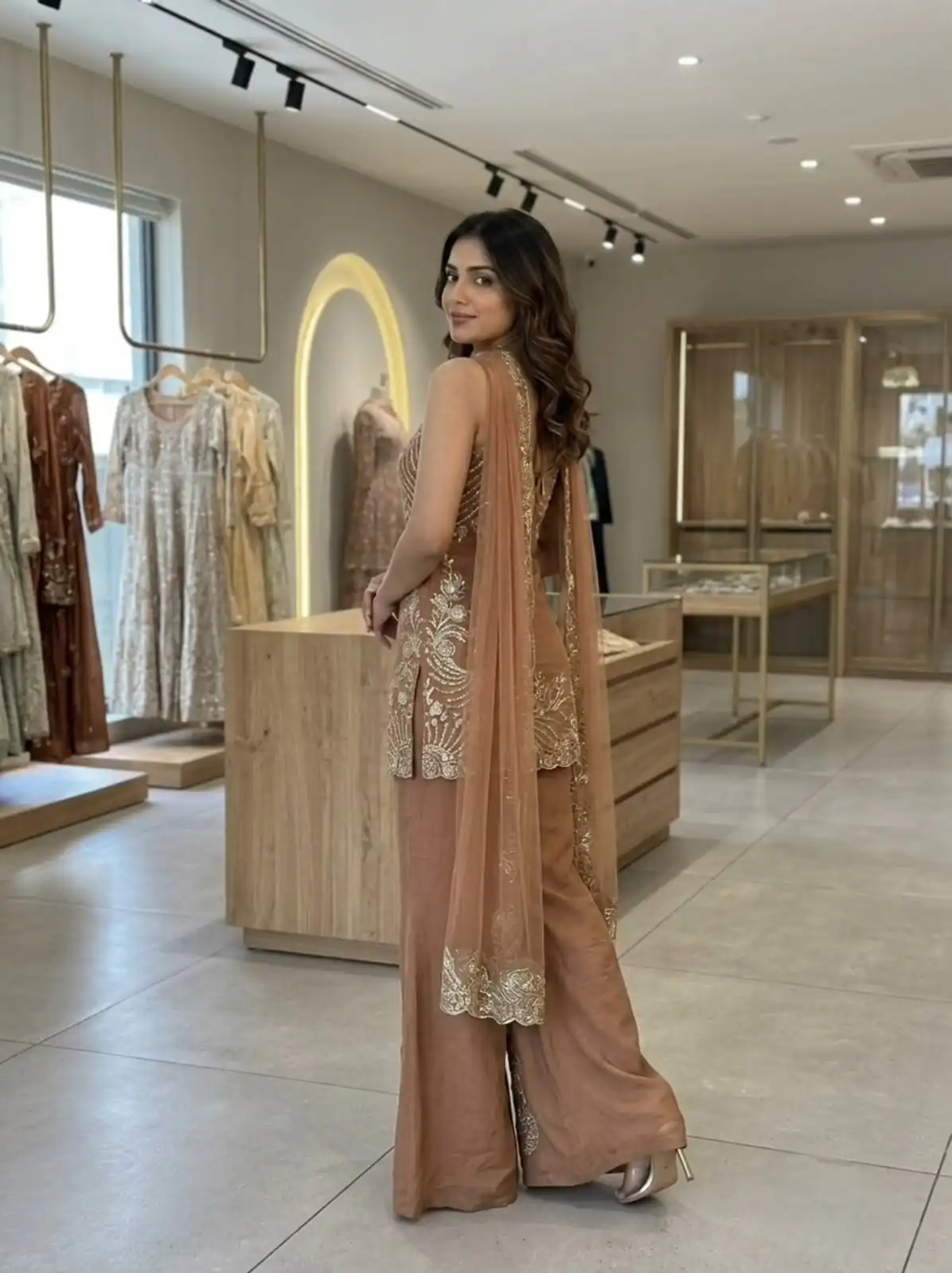Fancy Brown Cos Moss Sequence Work Salwar Suit - Image 3