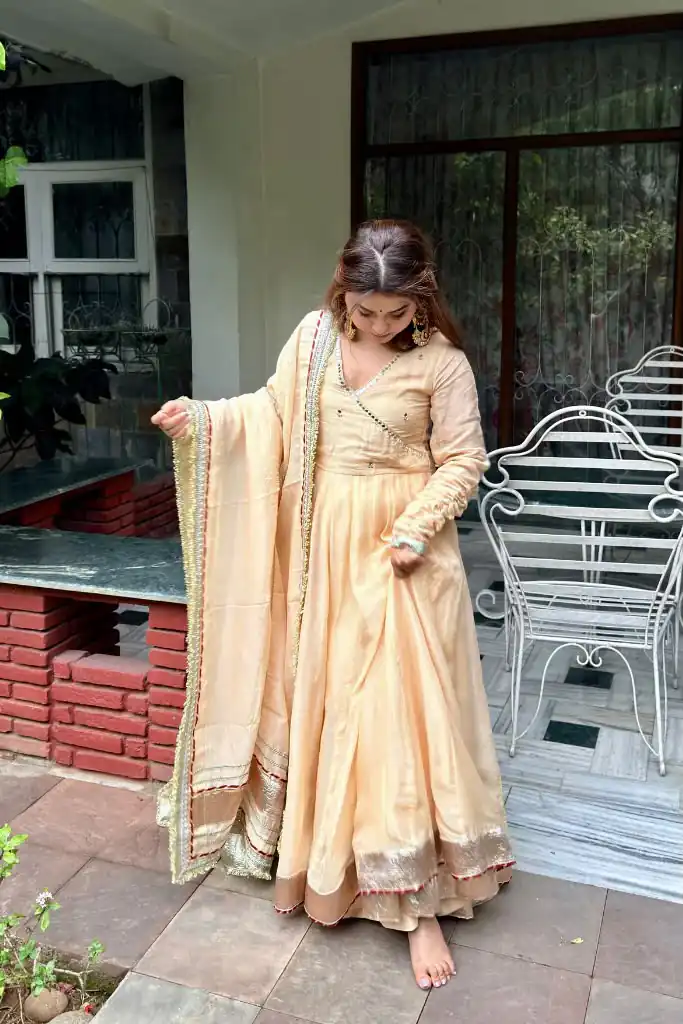 Fancy Cream Tabby Organza Silk Hand Work Gown