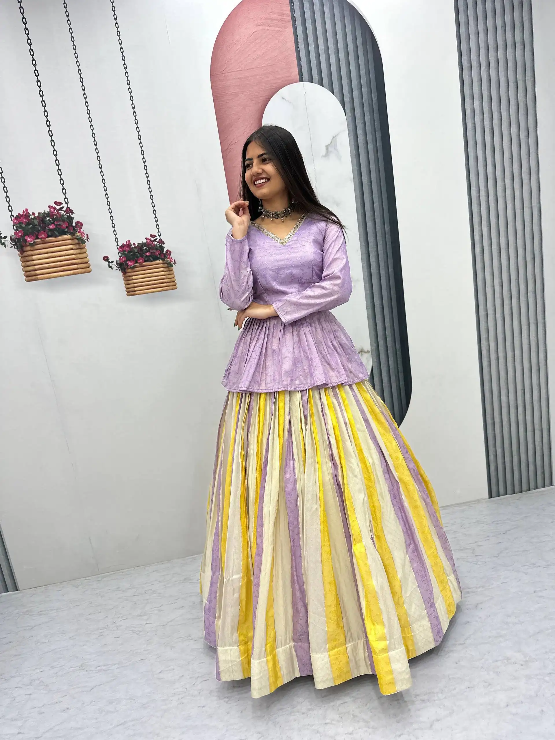 Fancy Lavender Jacquard Silk Lace Work Lehenga Choli - Image 6