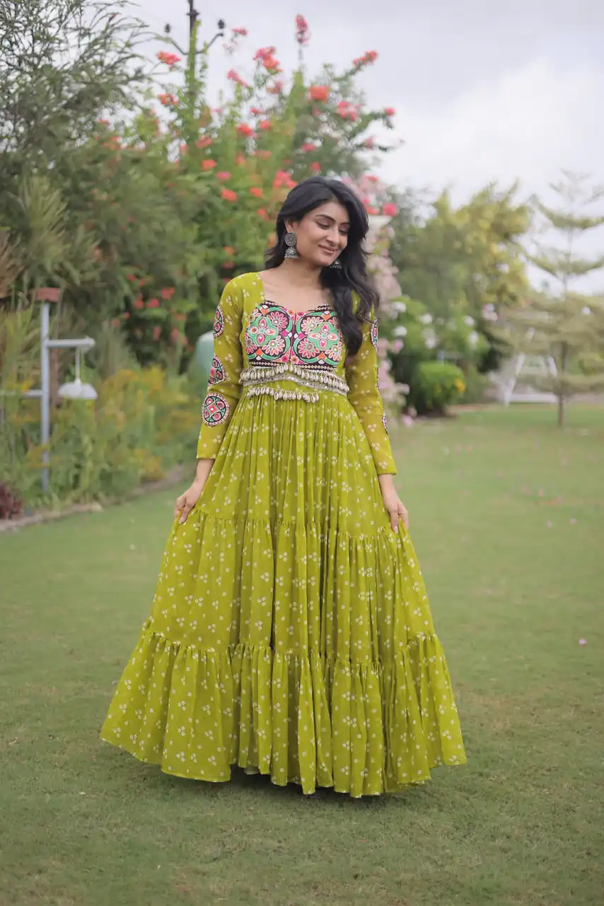 Fancy Mehendi Faux Georgette Bandhani Print Work Gown