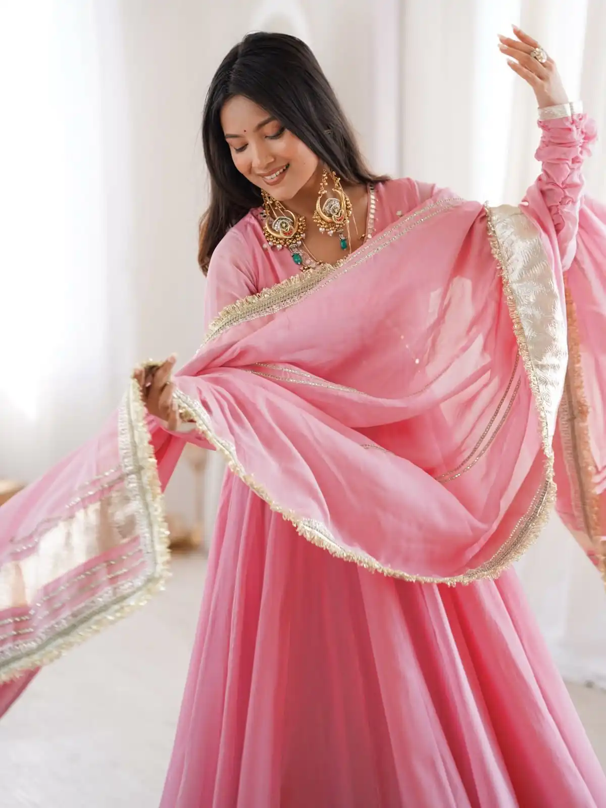 Fancy Pink Tabby Organza Silk Hand Work Gown - Image 7