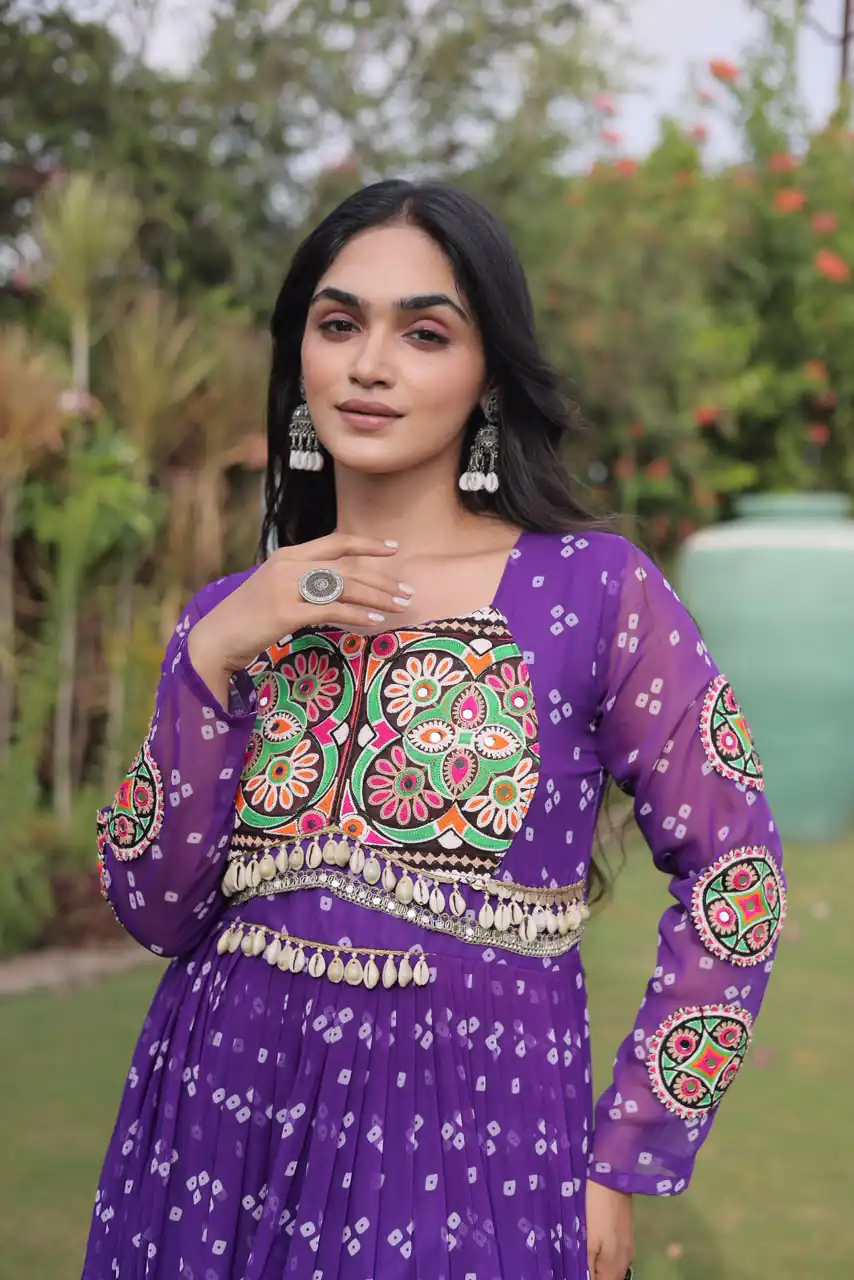 Fancy Purple Faux Georgette Bandhani Print Work Gown - Image 2