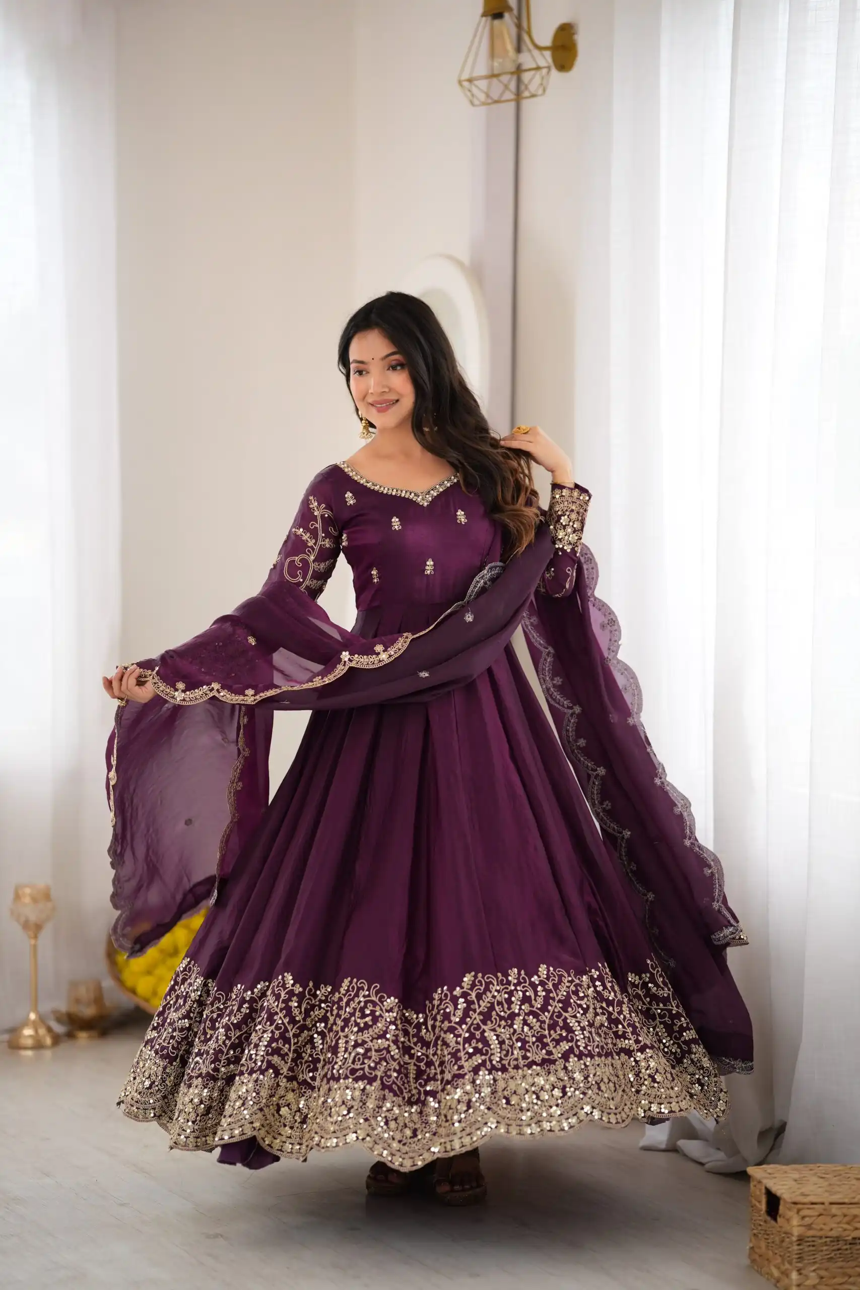 Fancy Wine Fendy Silk Embroider Sequins Work Gown - Image 11