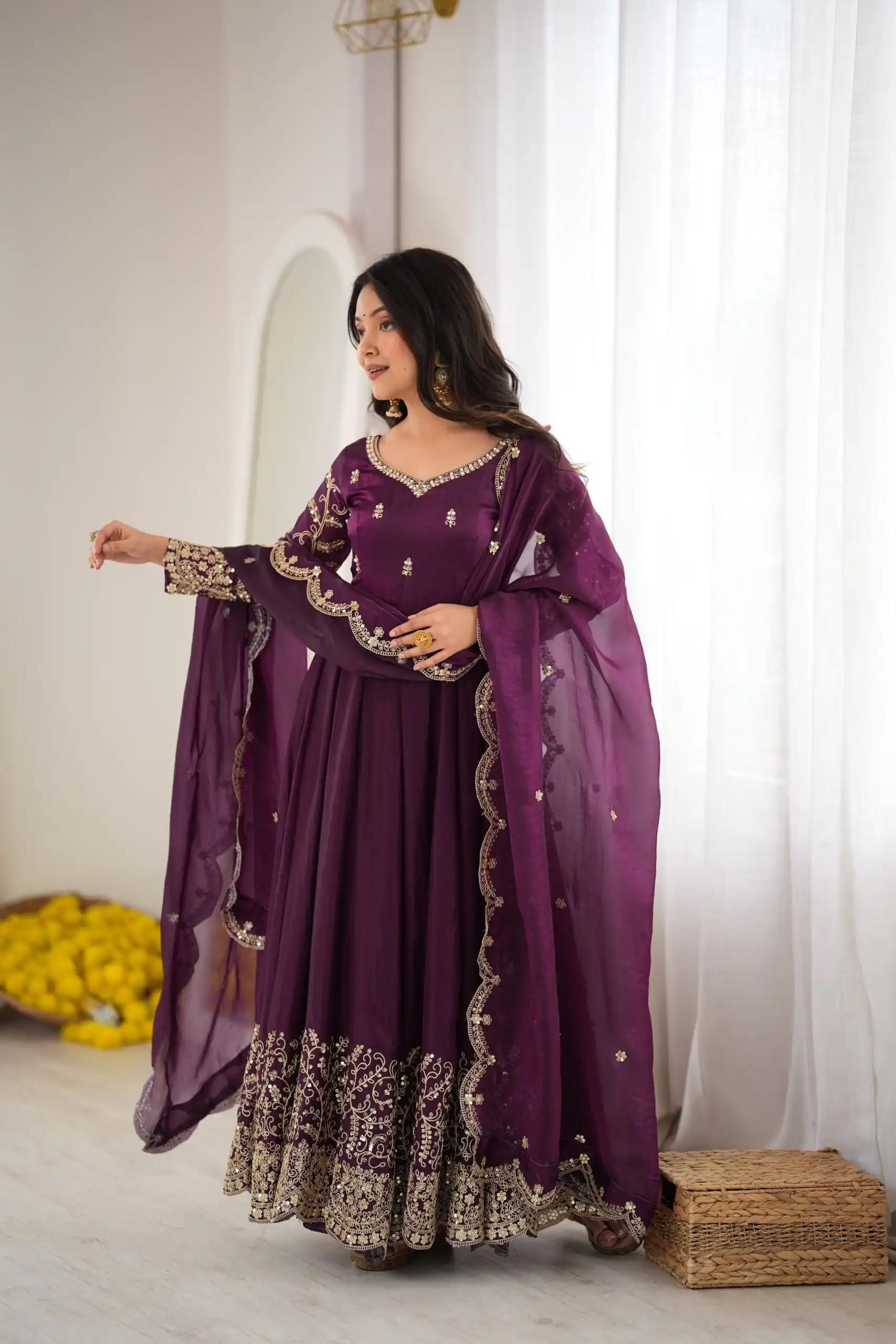 Fancy Wine Fendy Silk Embroider Sequins Work Gown - Image 9