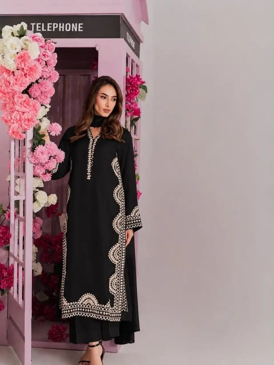 Fantastic Black Biscuit Slab Thread Work Salwar Suit