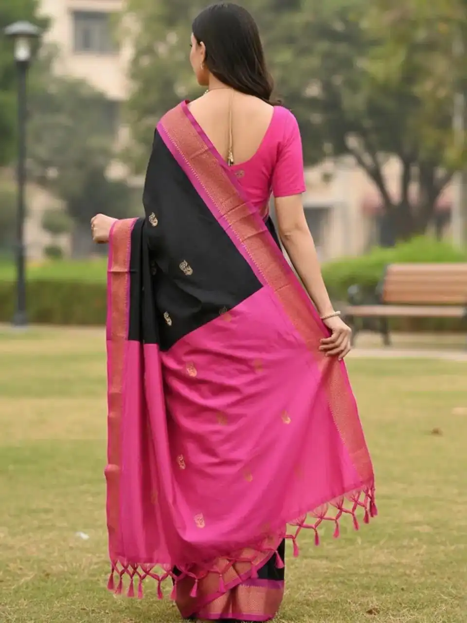 Fantastic Black Soft Lichi Silk Lace Work Saree - Image 10