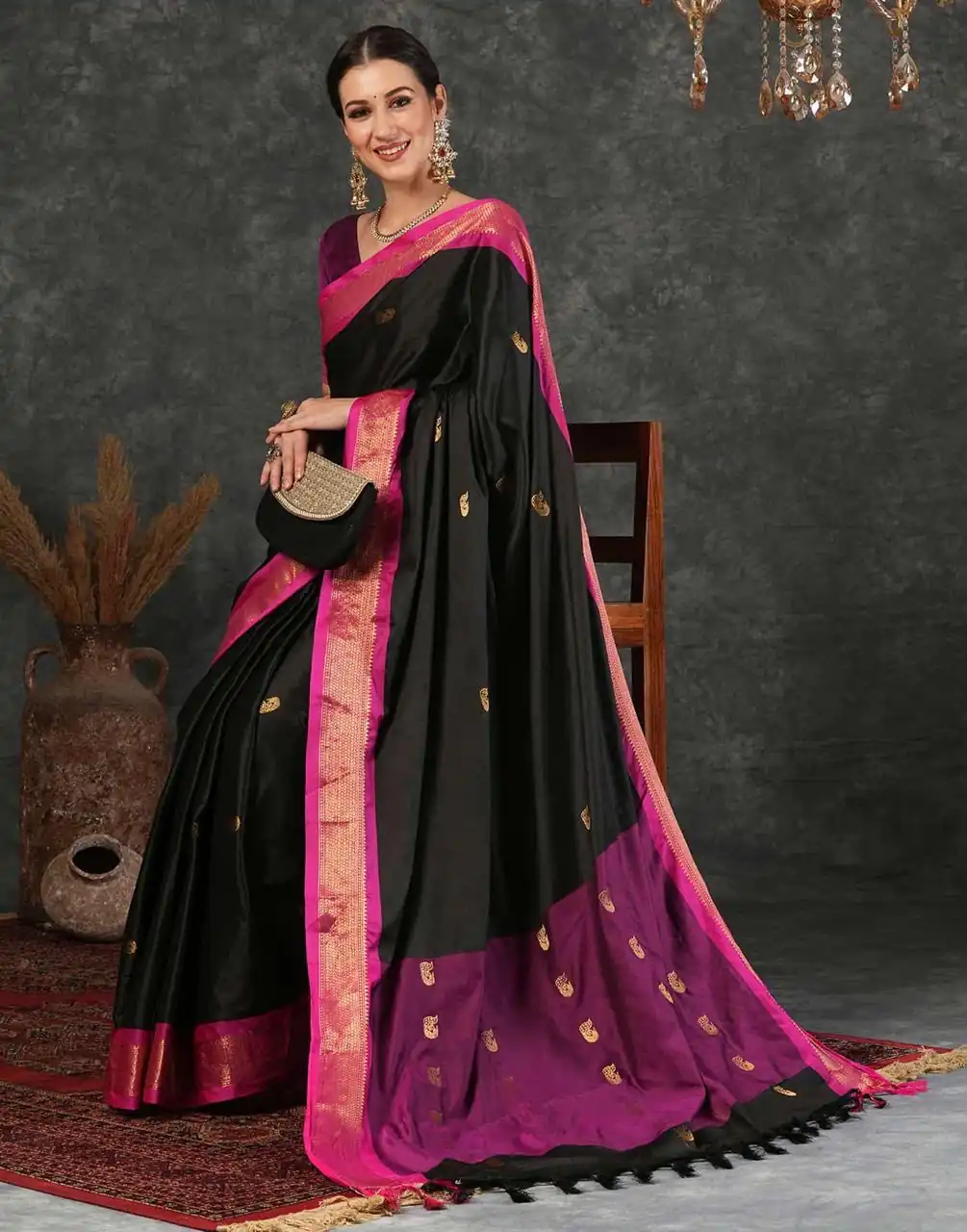 Fantastic Black Soft Lichi Silk Lace Work Saree - Image 8