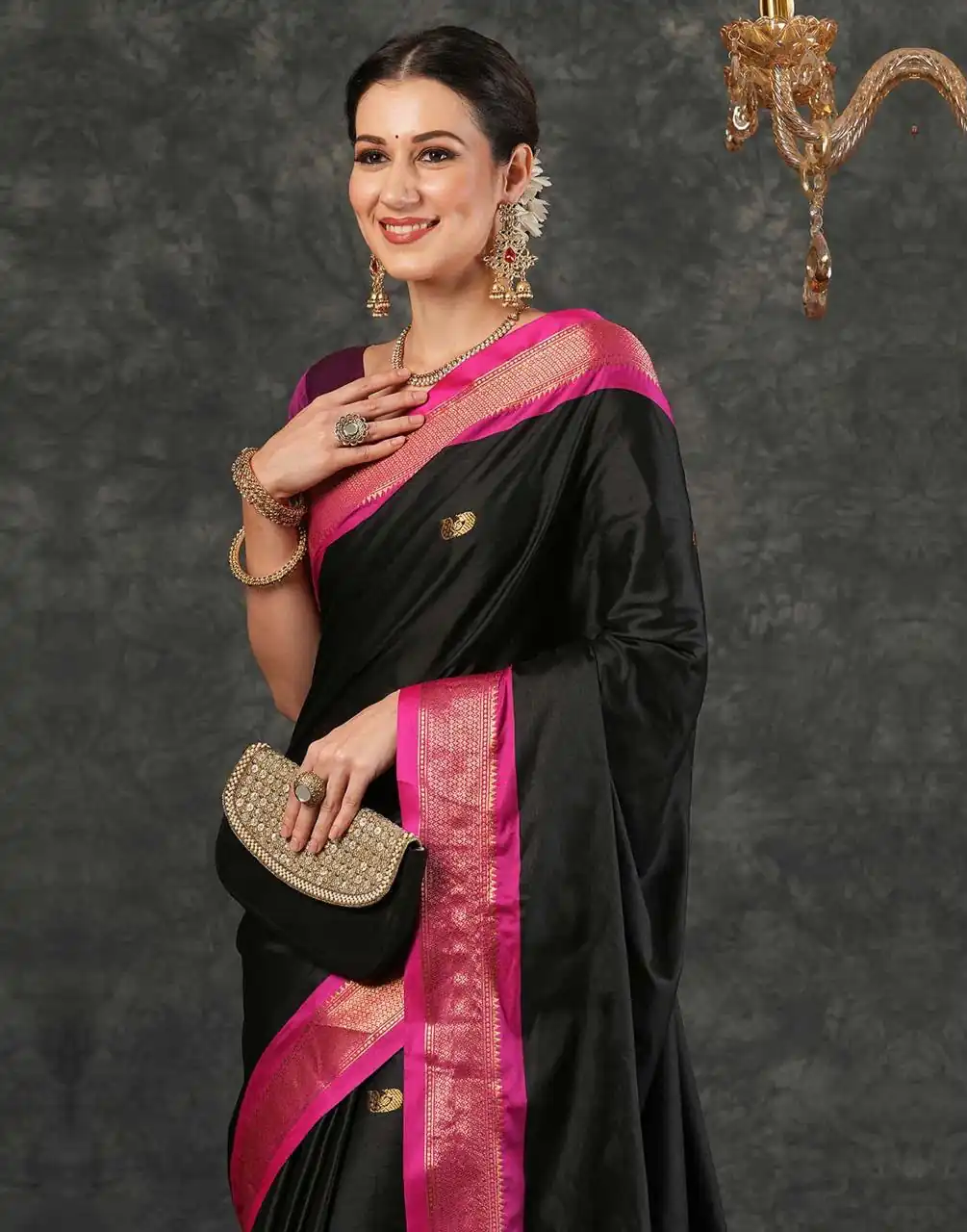 Fantastic Black Soft Lichi Silk Lace Work Saree - Image 7