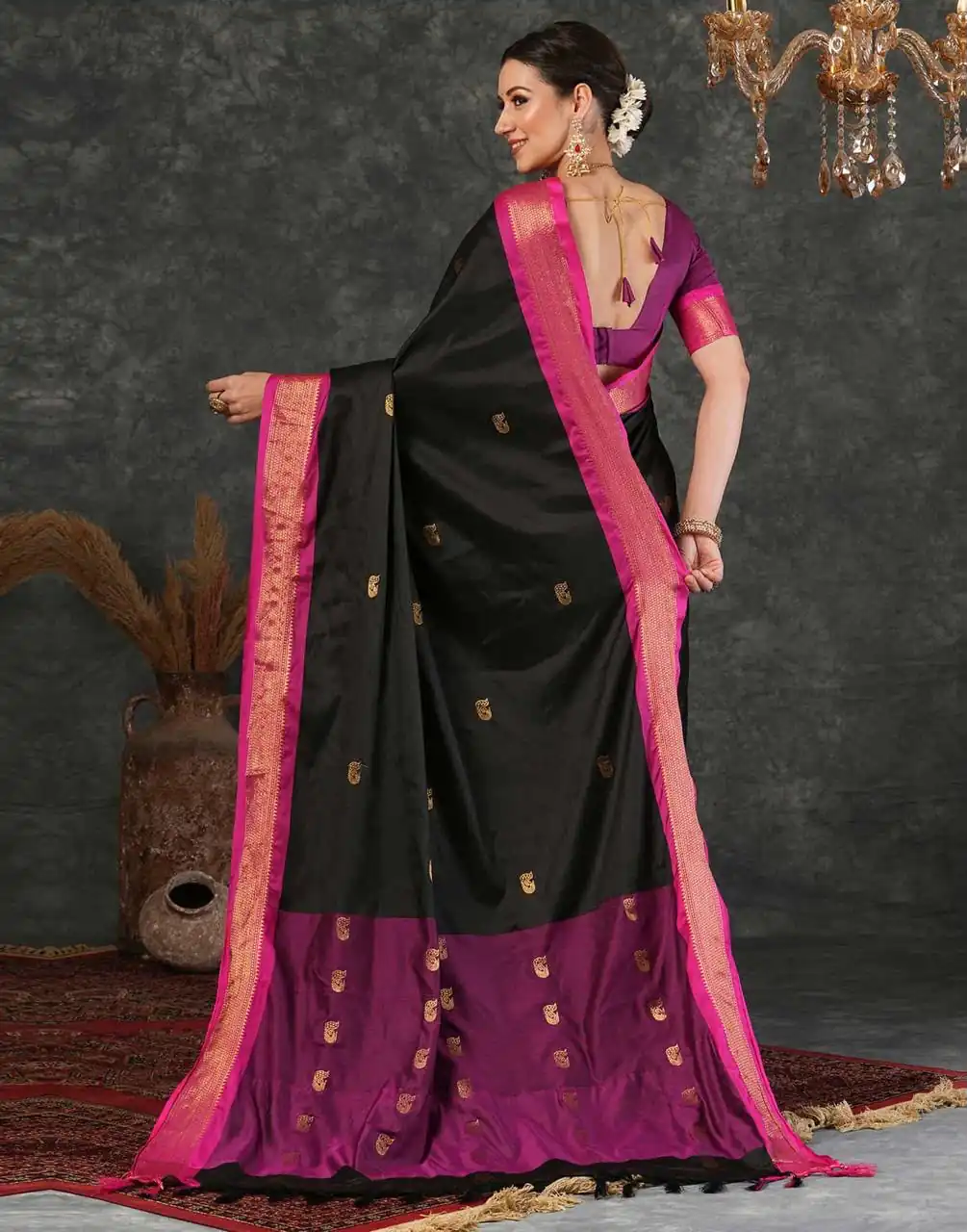 Fantastic Black Soft Lichi Silk Lace Work Saree - Image 5