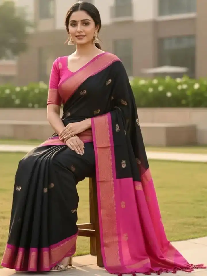 Fantastic Black Soft Lichi Silk Lace Work Saree - Image 3