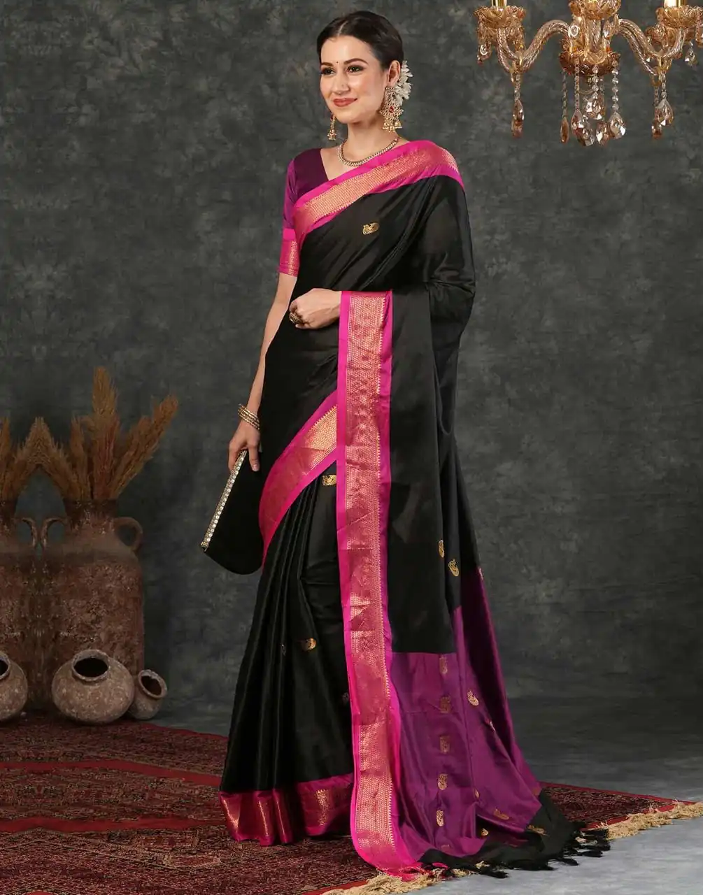 Fantastic Black Soft Lichi Silk Lace Work Saree - Image 2