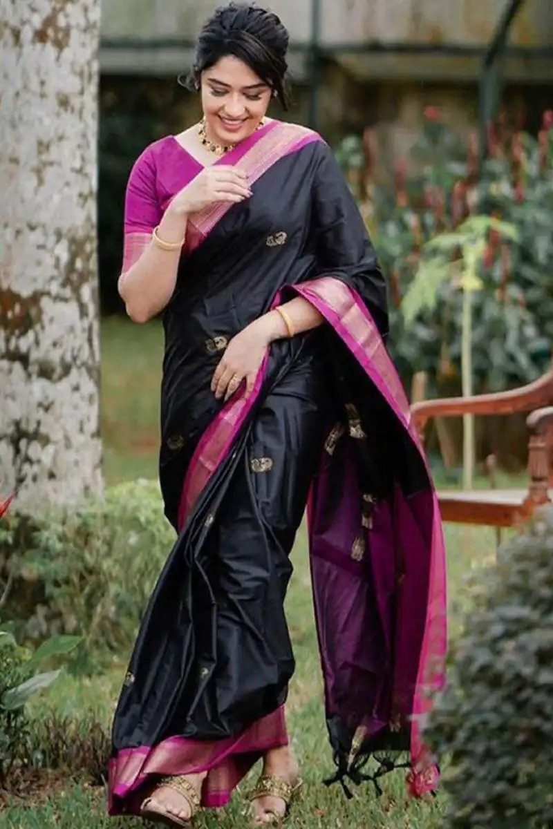 Fantastic Black Soft Lichi Silk Lace Work Saree