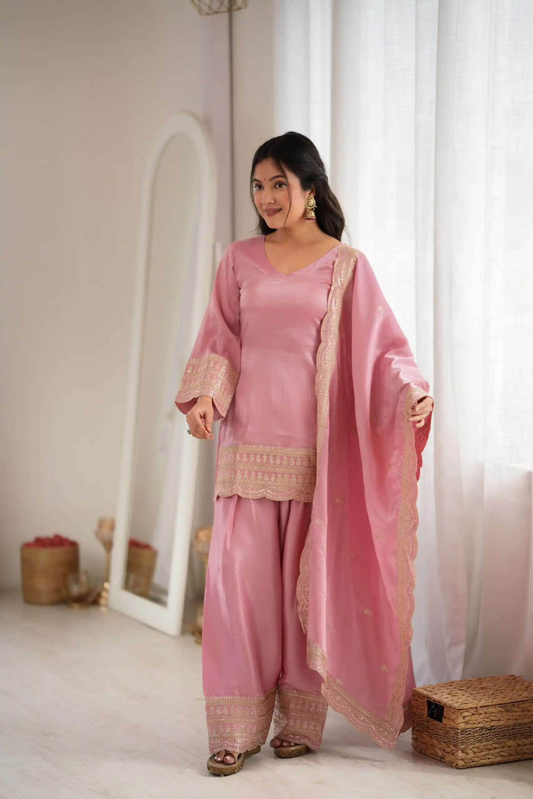 Glowing Pink Glass Roman Silk Sequins Work Salwar Suit - Image 8