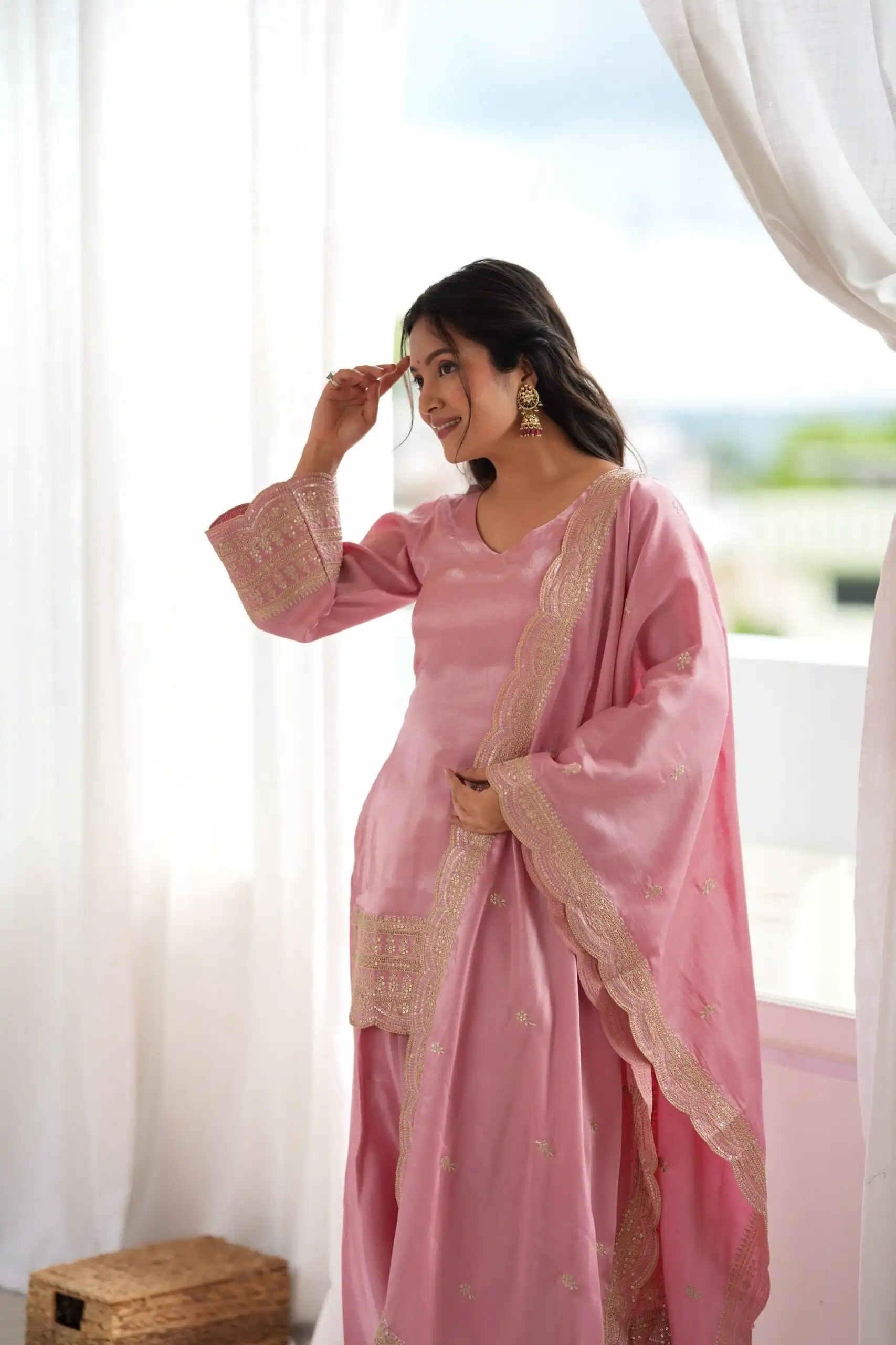 Glowing Pink Glass Roman Silk Sequins Work Salwar Suit - Image 7