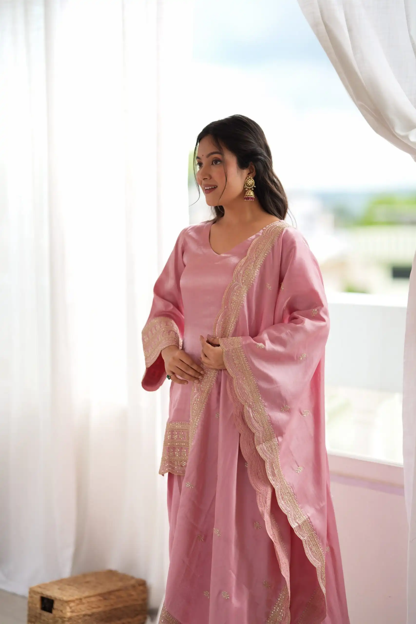 Glowing Pink Glass Roman Silk Sequins Work Salwar Suit - Image 6