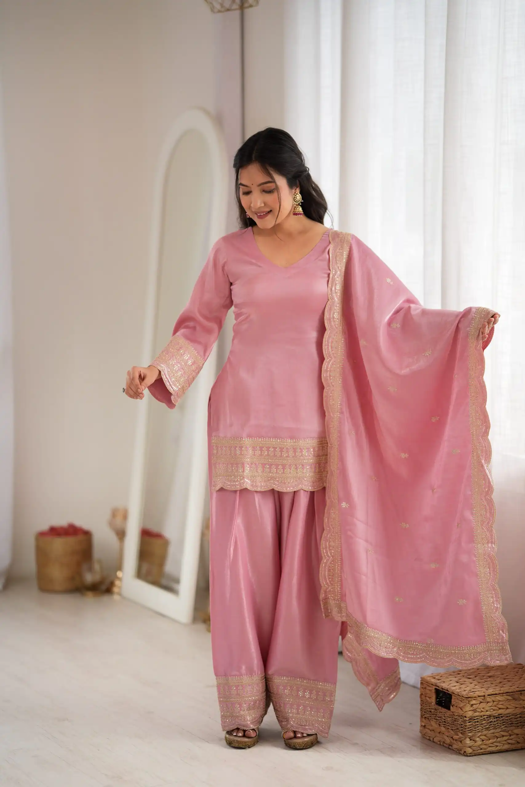 Glowing Pink Glass Roman Silk Sequins Work Salwar Suit - Image 5