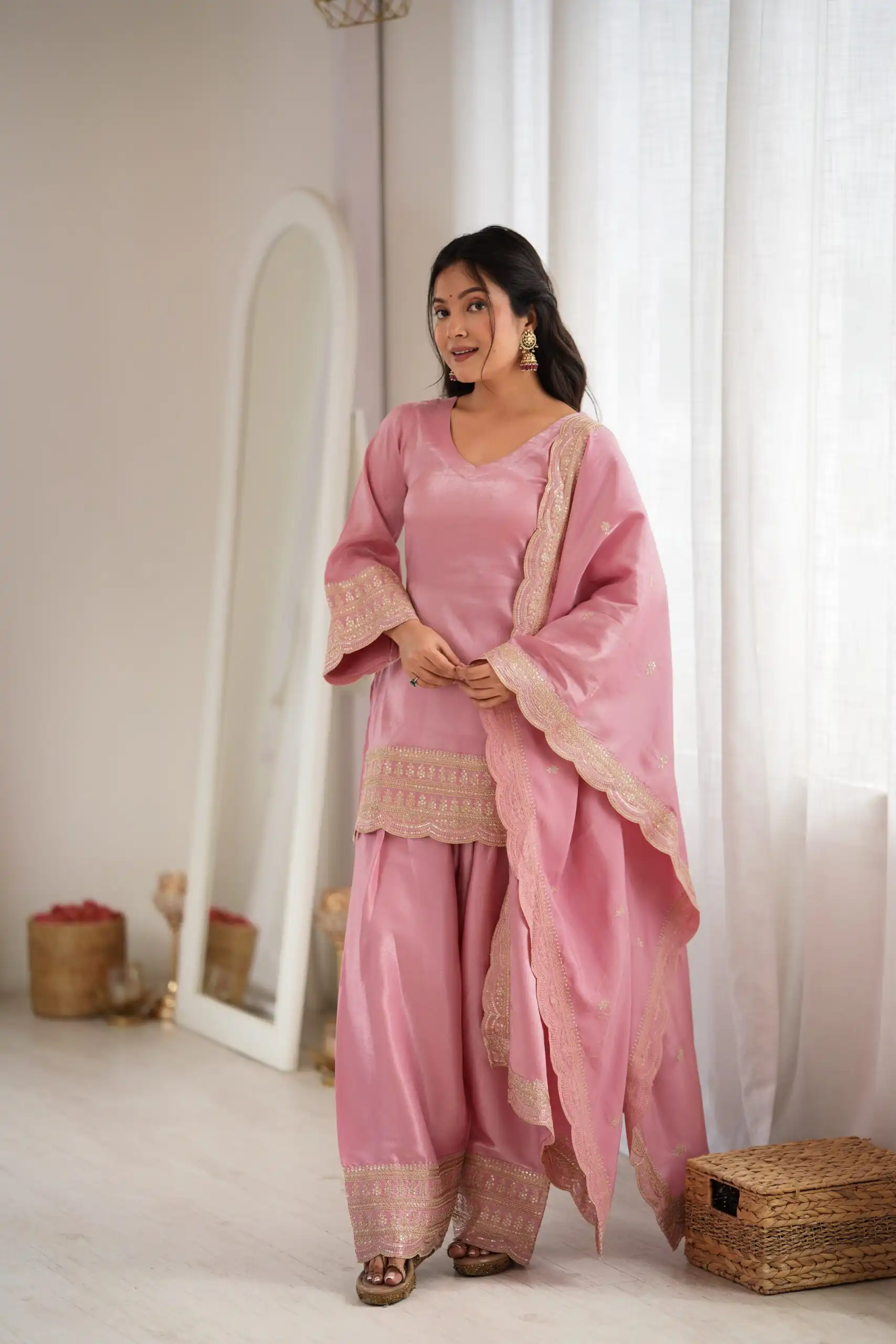 Glowing Pink Glass Roman Silk Sequins Work Salwar Suit - Image 4