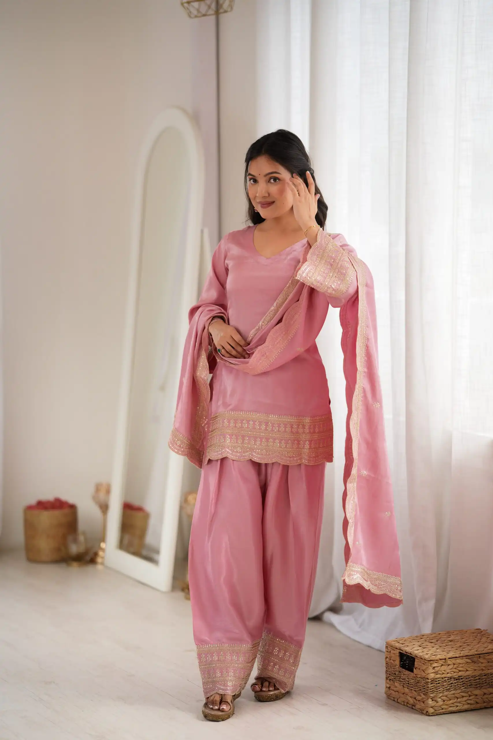 Glowing Pink Glass Roman Silk Sequins Work Salwar Suit - Image 2