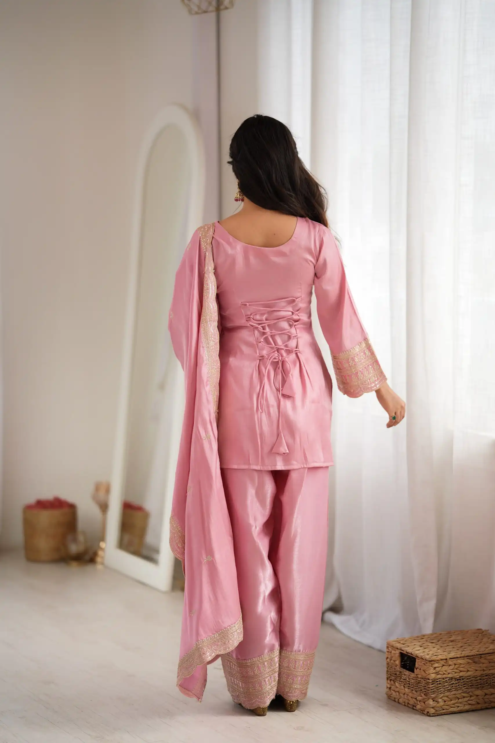 Glowing Pink Glass Roman Silk Sequins Work Salwar Suit - Image 9