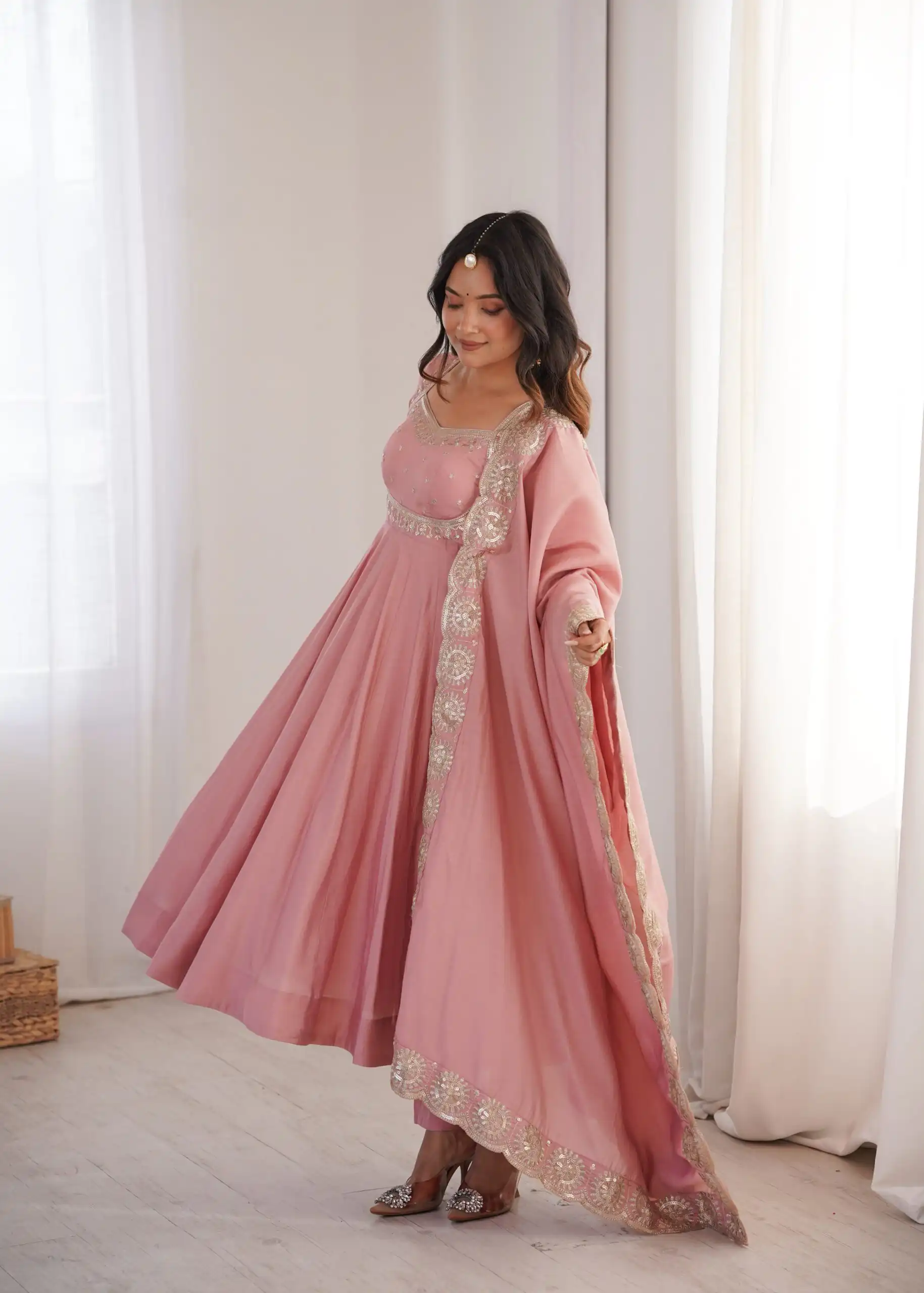 Glowing Pink Roman Silk Embroidery Work Anarkali Suit - Image 10