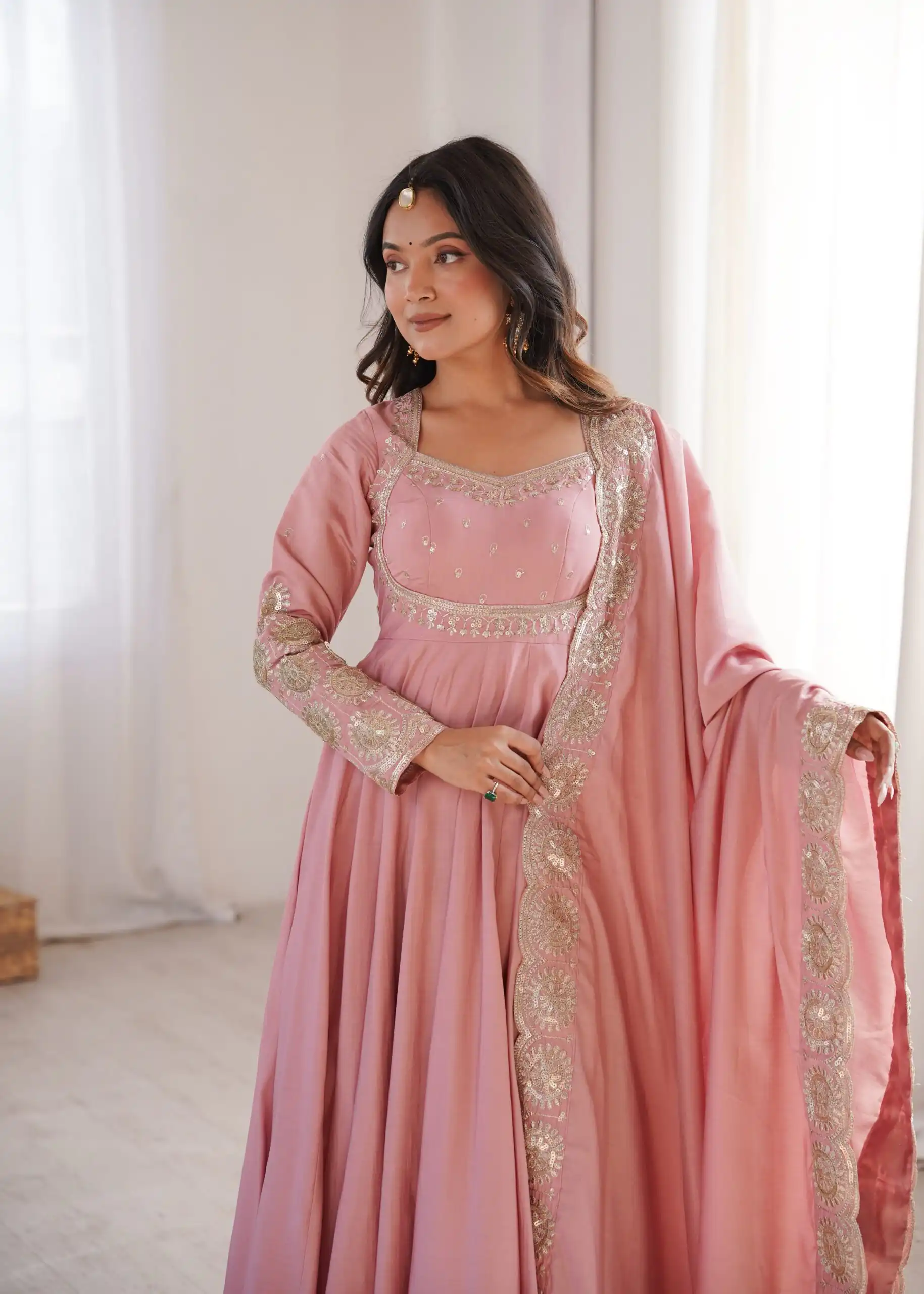 Glowing Pink Roman Silk Embroidery Work Anarkali Suit - Image 13