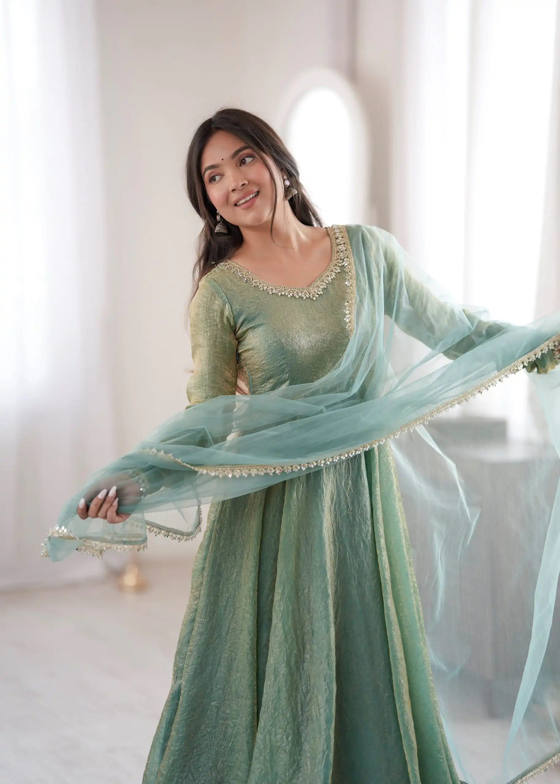 Glowing Rama Doremon Crush Mirror Work Gown - Image 3