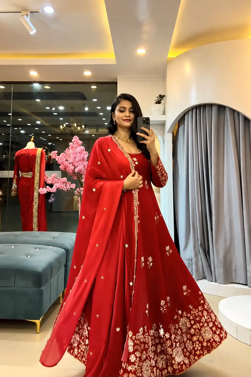 Glowing Red Fendy Silk Sequins Work Gown - Image 4