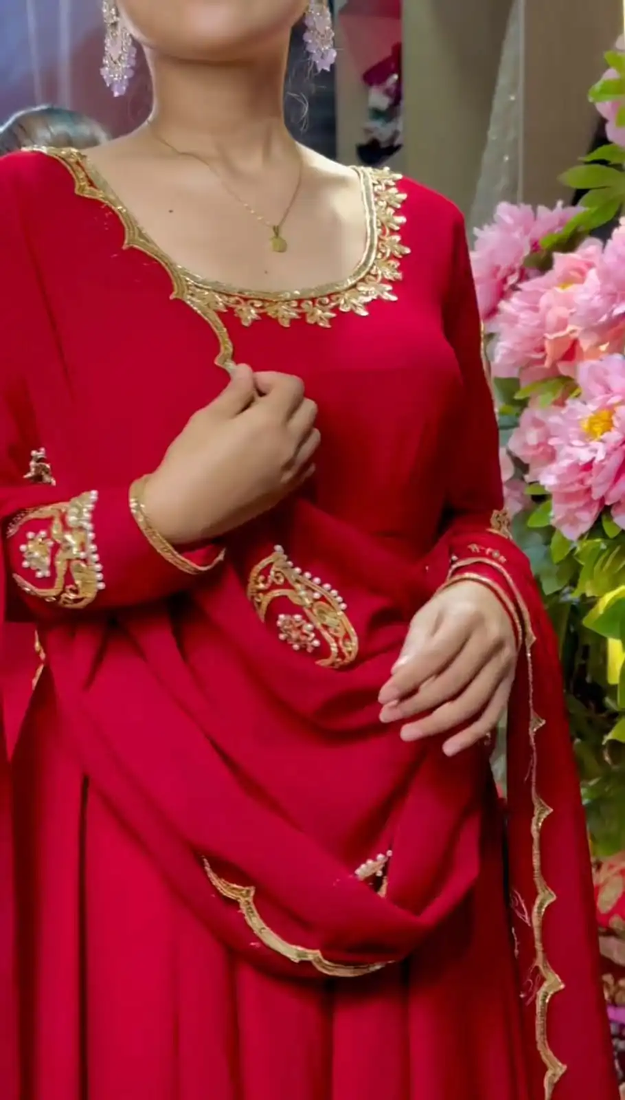 Glowing Red Fox Georgette Embroidery Moti Work Gown - Image 8