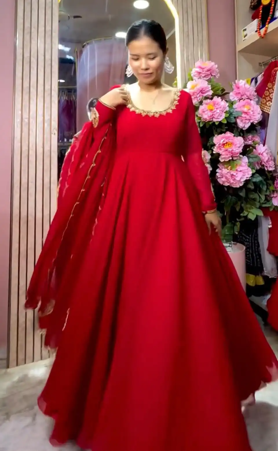 Glowing Red Fox Georgette Embroidery Moti Work Gown - Image 6