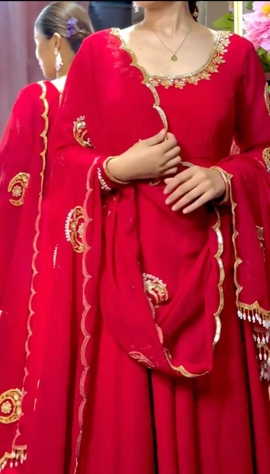 Glowing Red Fox Georgette Embroidery Moti Work Gown - Image 5