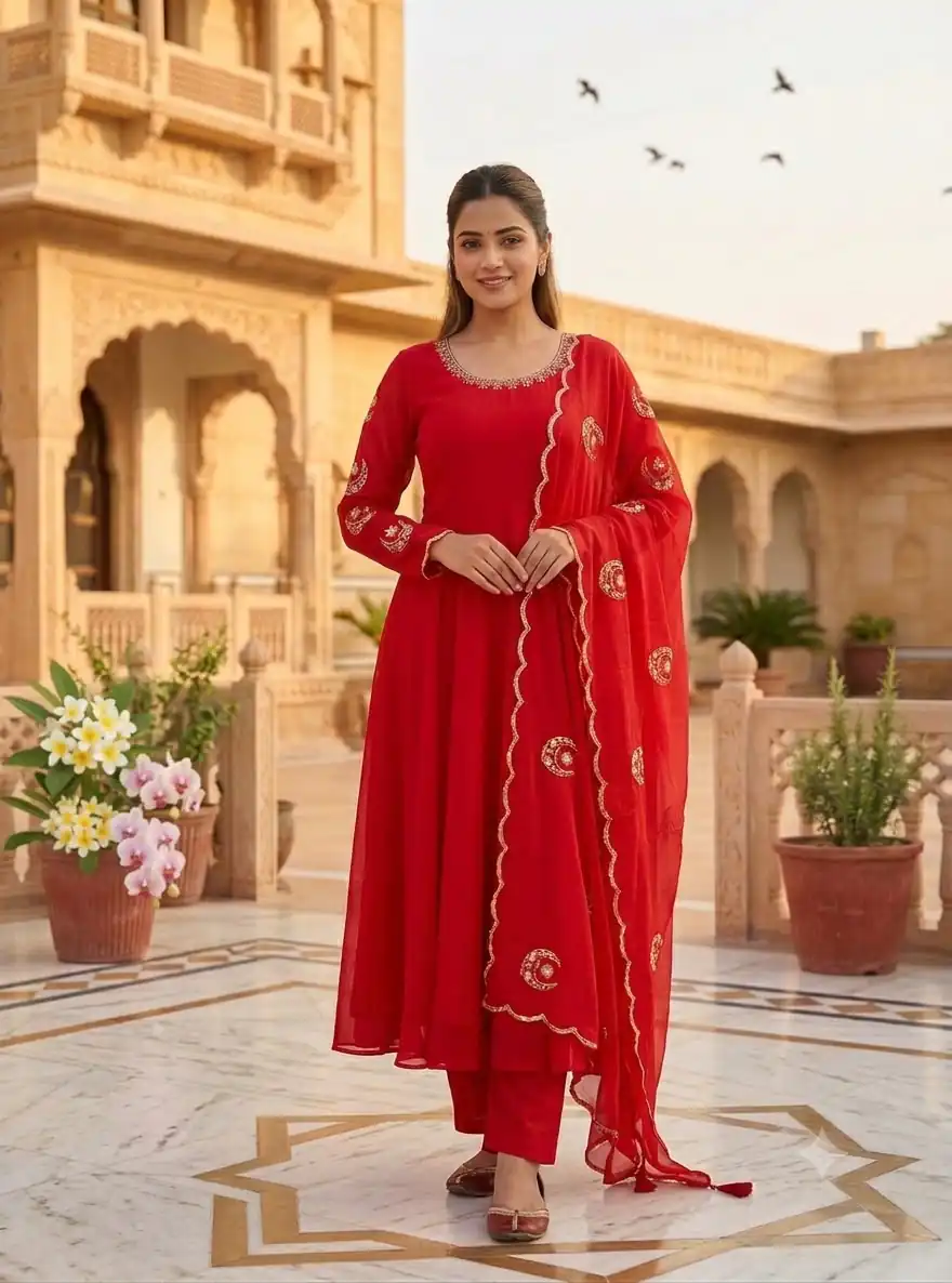 Glowing Red Fox Georgette Embroidery Moti Work Gown - Image 4