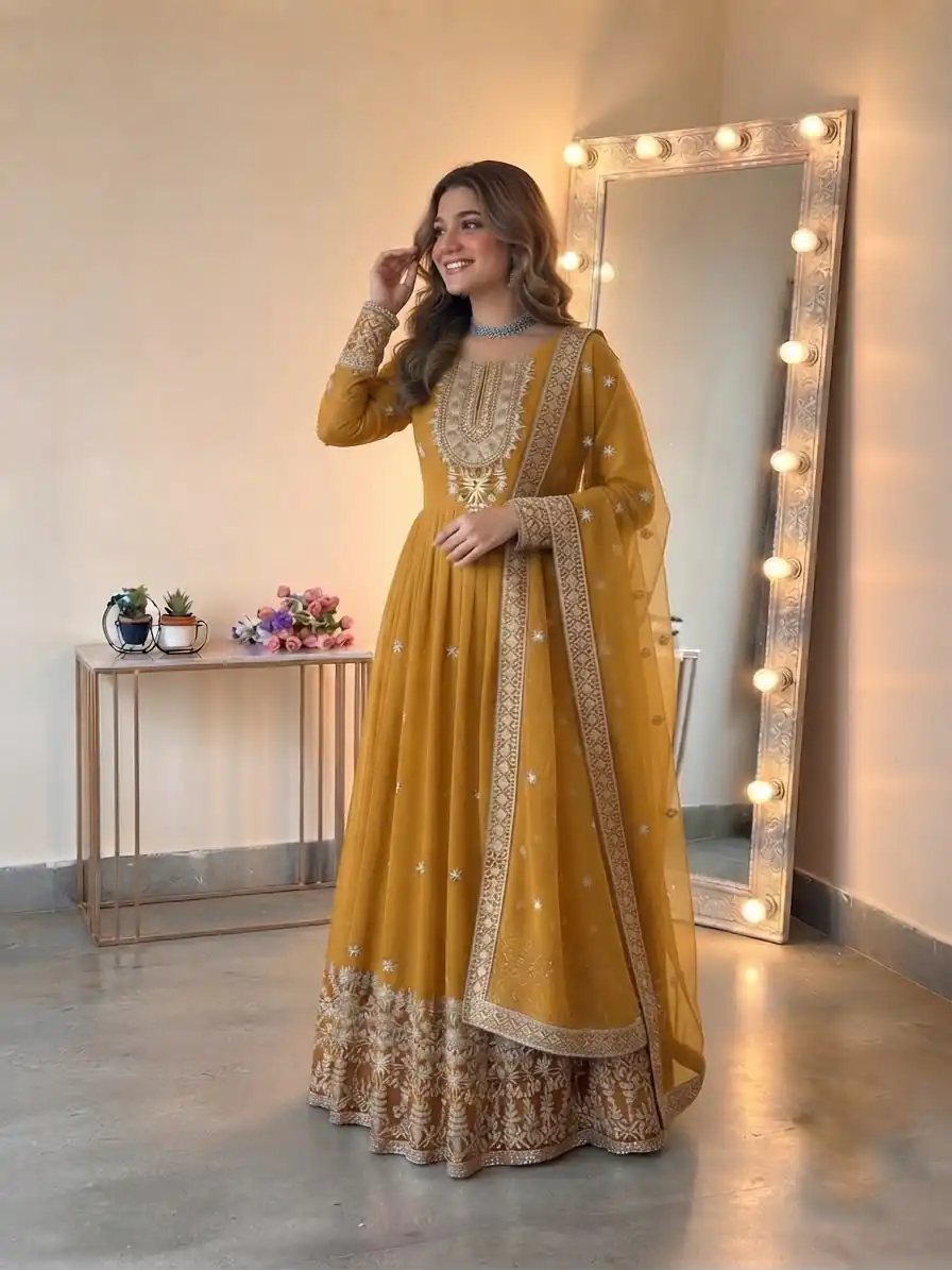 Glowing Yellow Georgette Embroidery Sequins Work Gown - Image 4