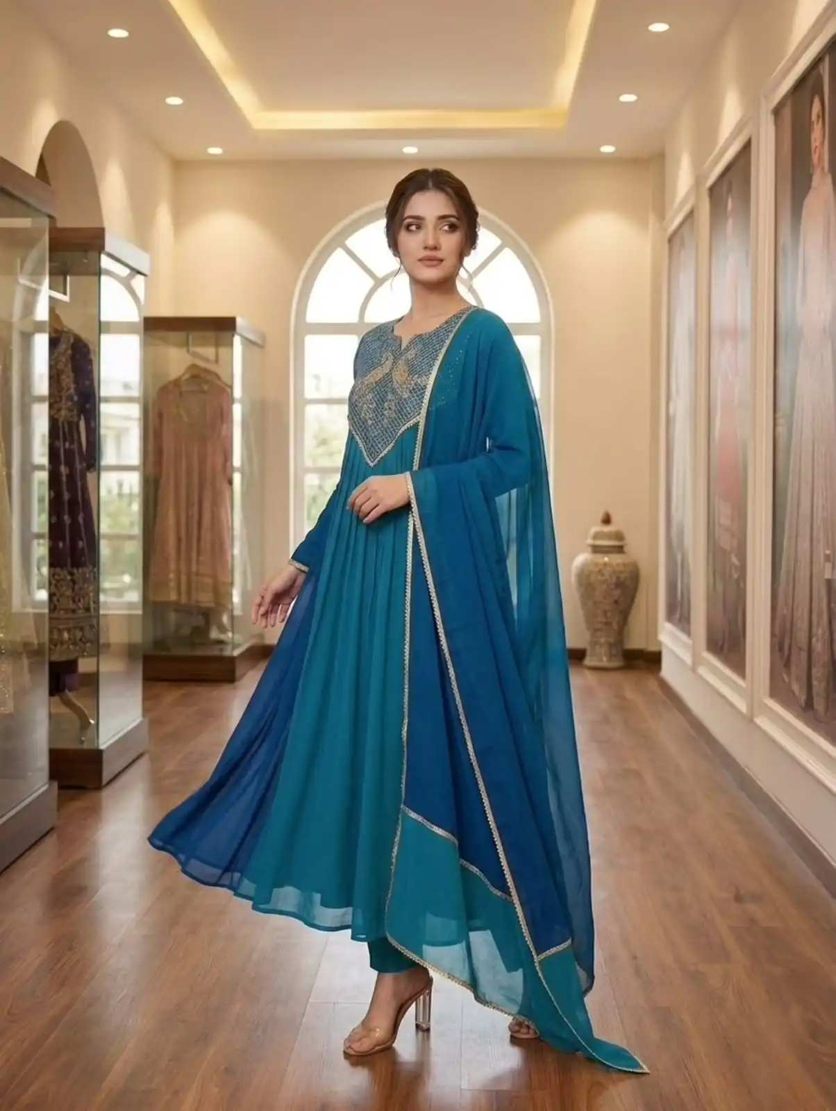 Graceful Blue Mul Chanderi Silk Embroider Work Salwar Suit - Image 3